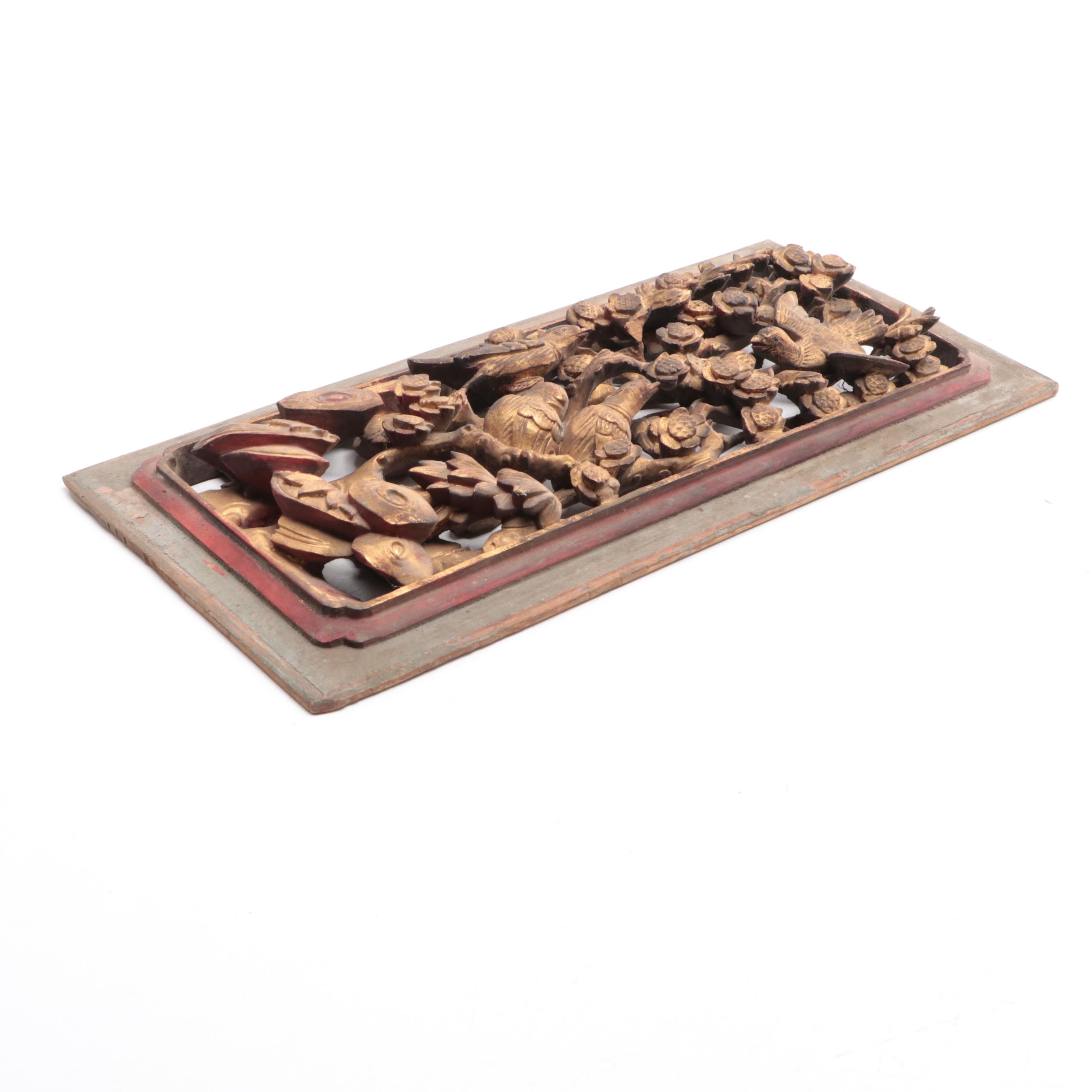 Chinese Carved, Painted and Parcel-Gilt Panel with Birds, Mid-20th Century