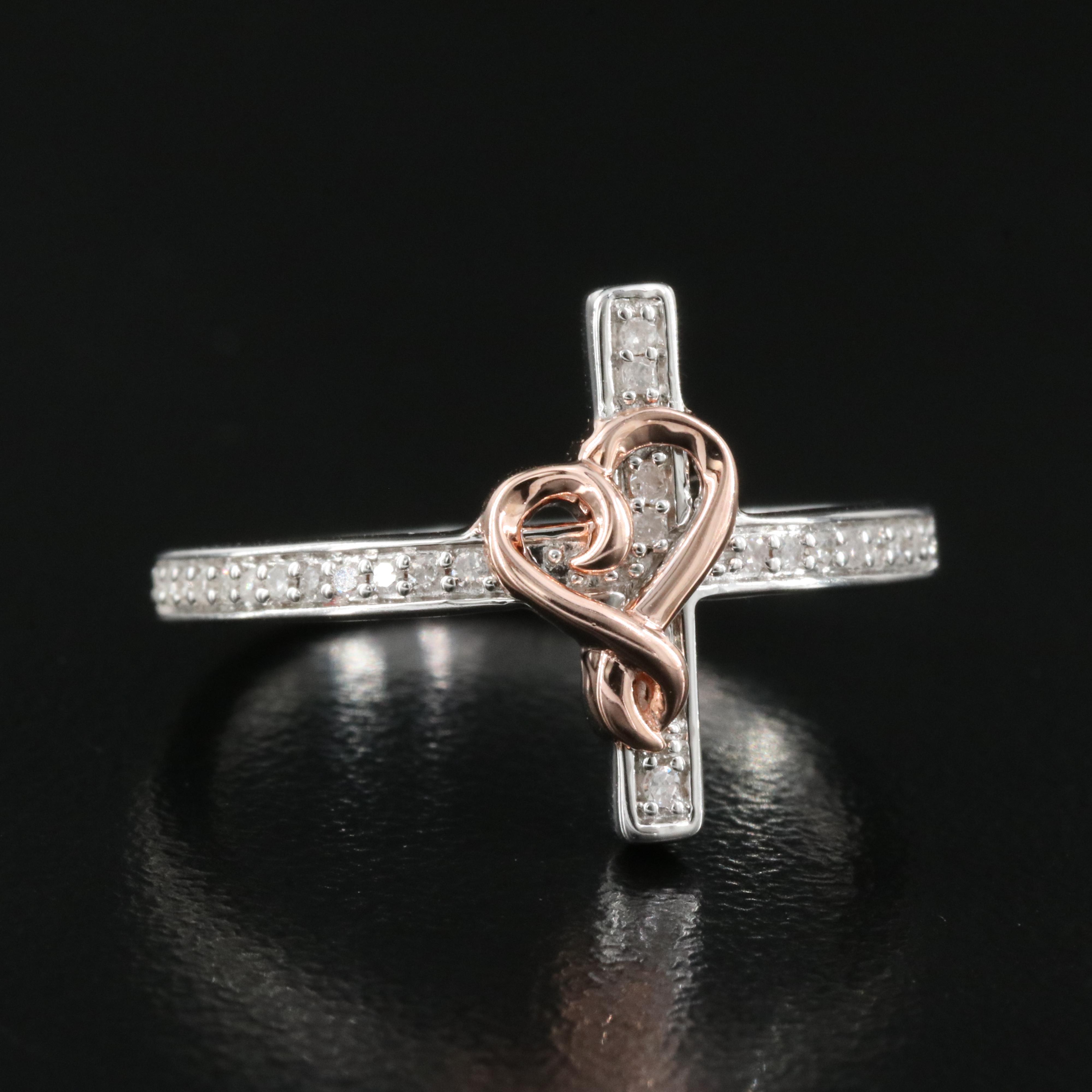Sterling Diamond Cross and Heart Ring