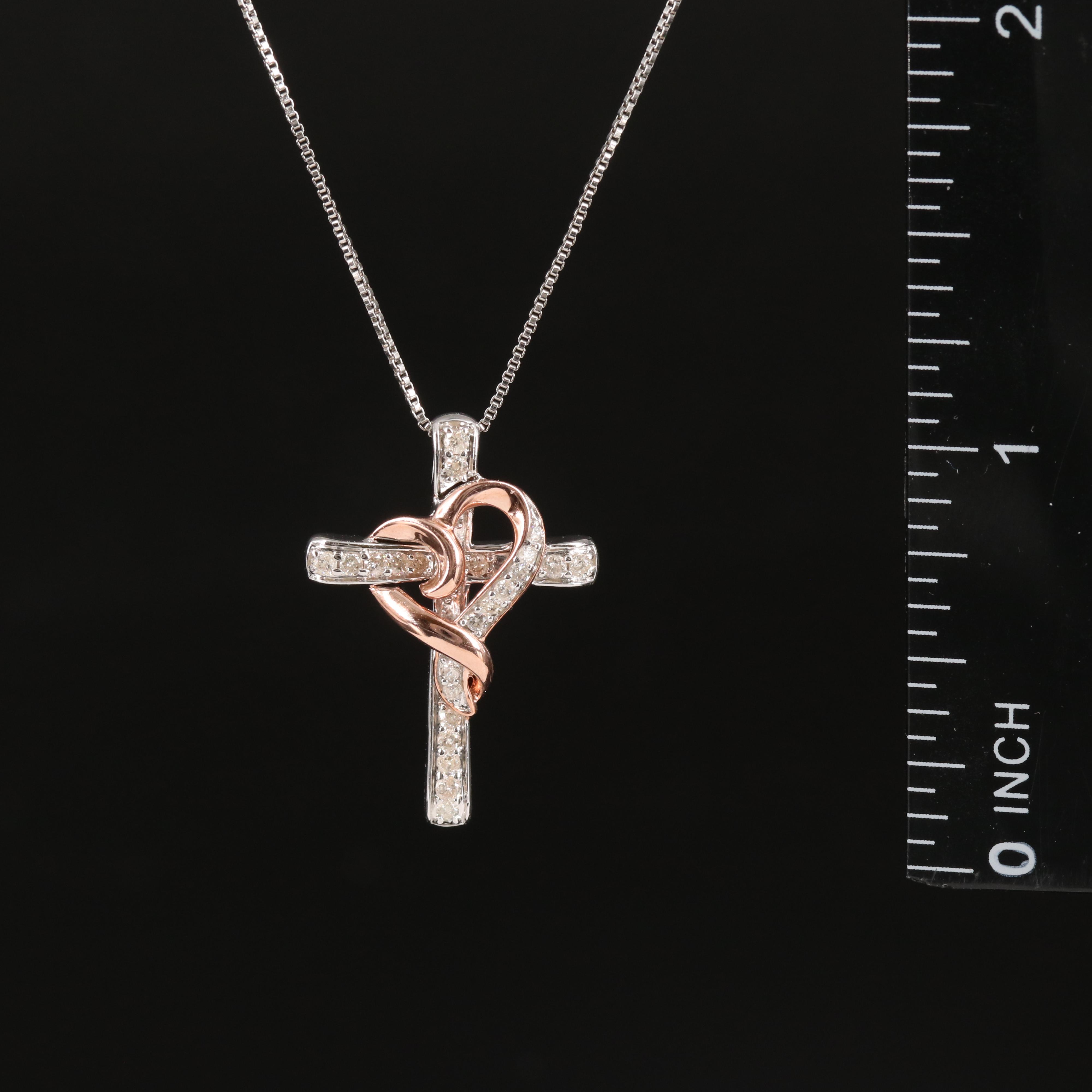 Sterling Diamond Cross and Heart Pendant Necklace