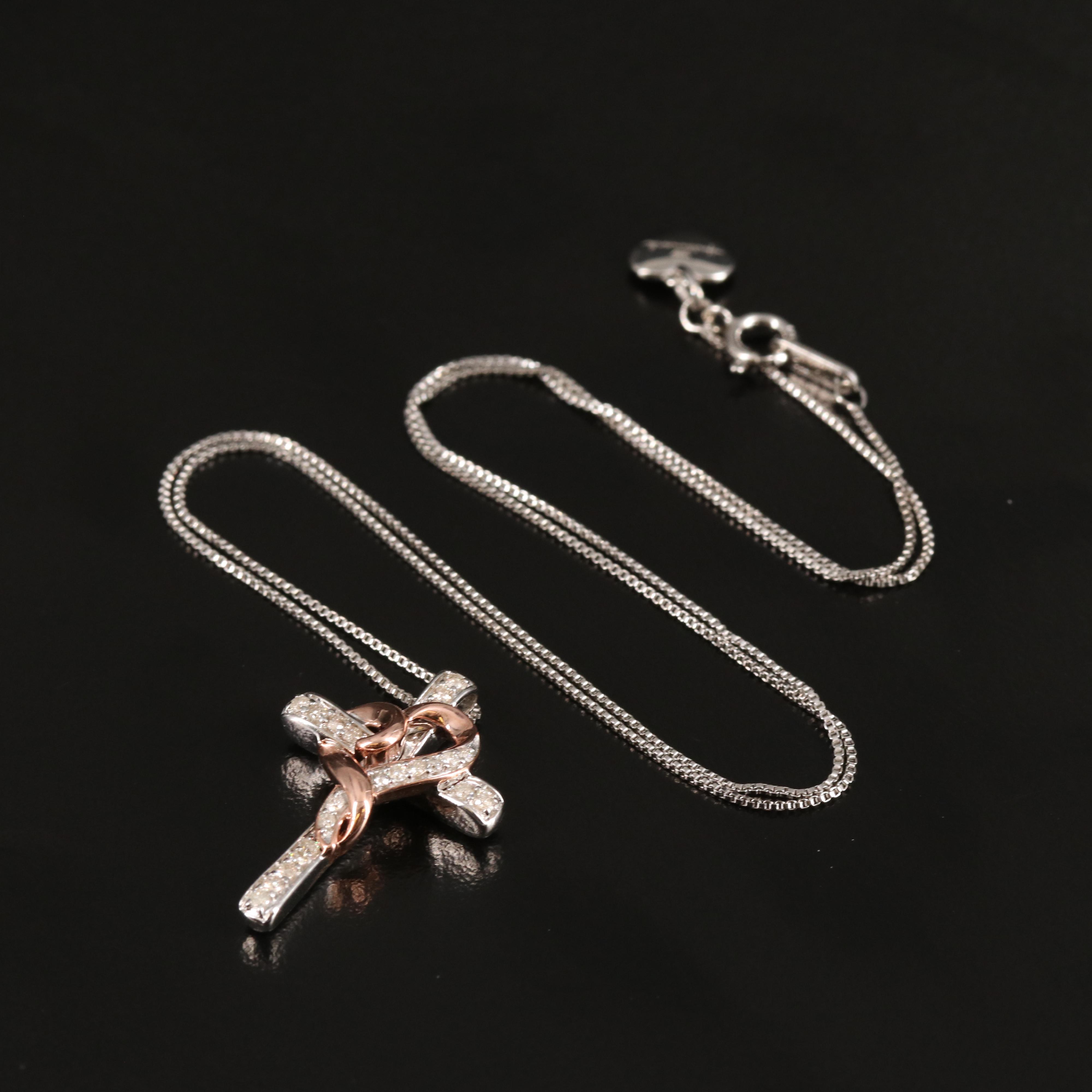 Sterling Diamond Cross and Heart Pendant Necklace