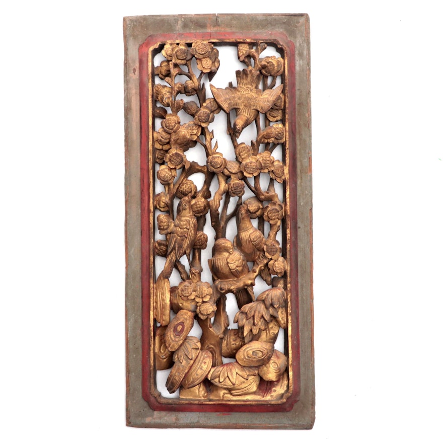 Chinese Carved, Painted and Parcel-Gilt Panel with Birds, Mid-20th Century