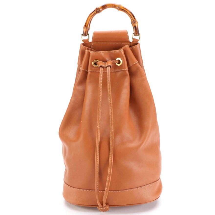 Gucci Leather Drawstring Sling Bag with Bamboo Handle