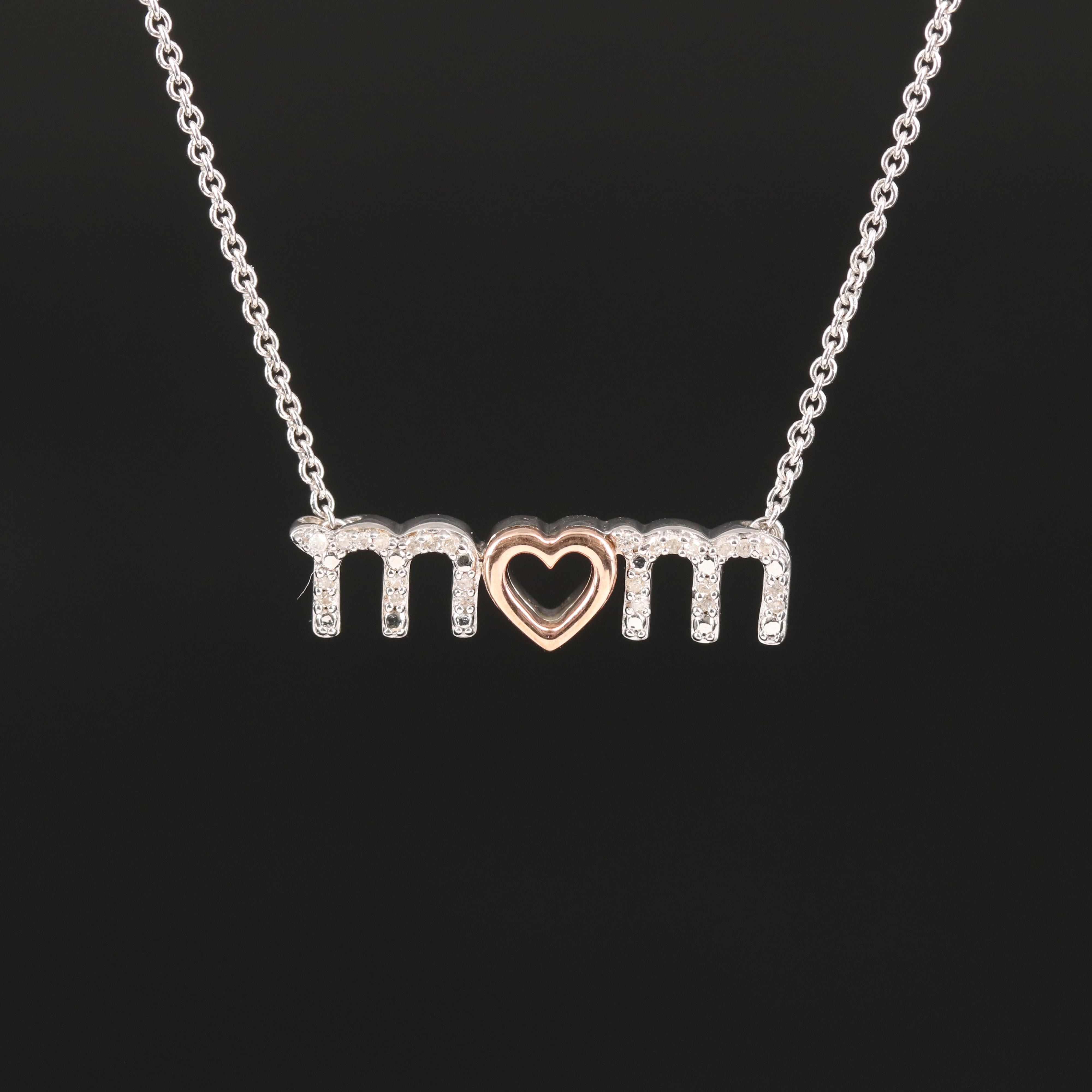 Sterling Diamond "Mom" Necklace with 10K Rose Gold Accents