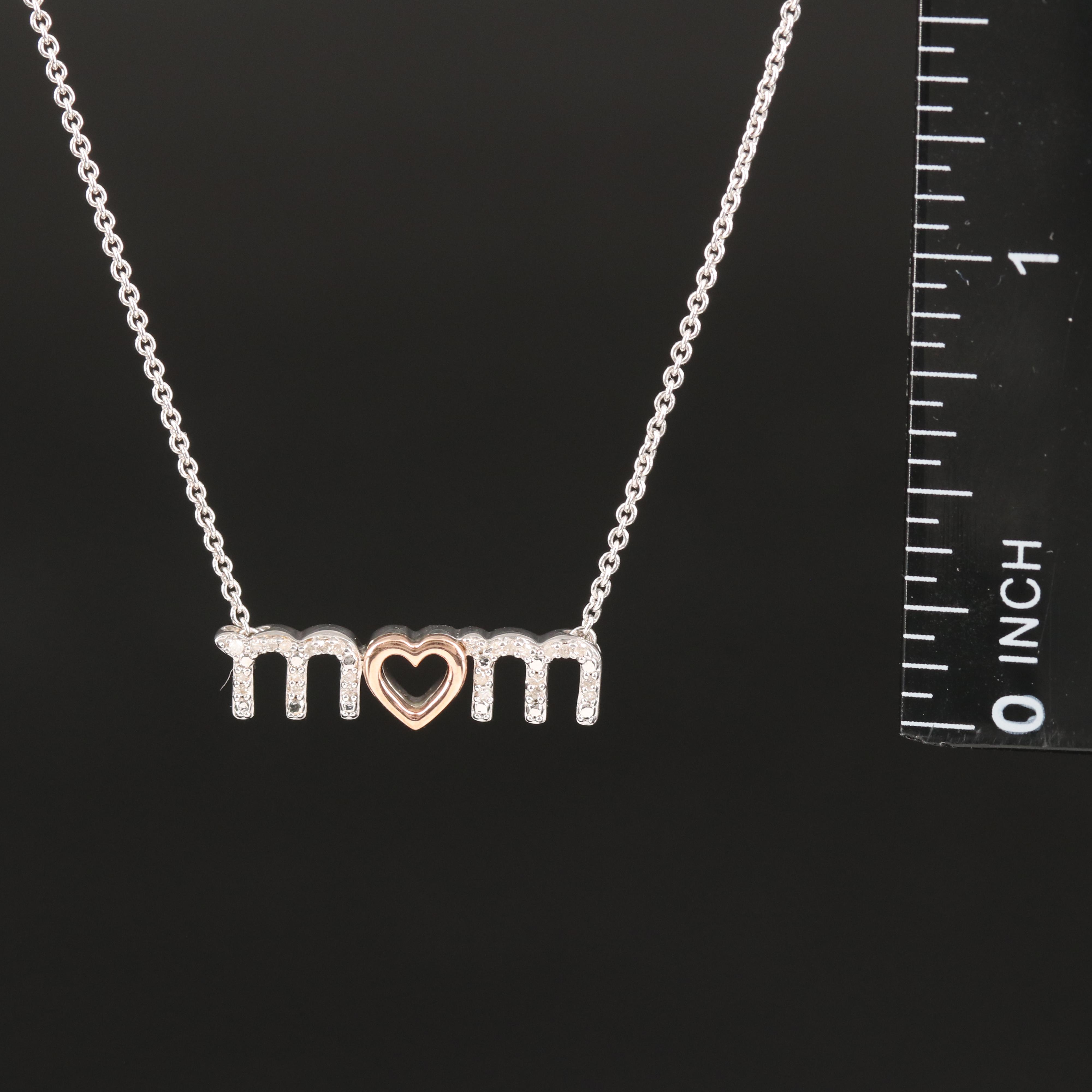 Sterling Diamond "Mom" Necklace with 10K Rose Gold Accents