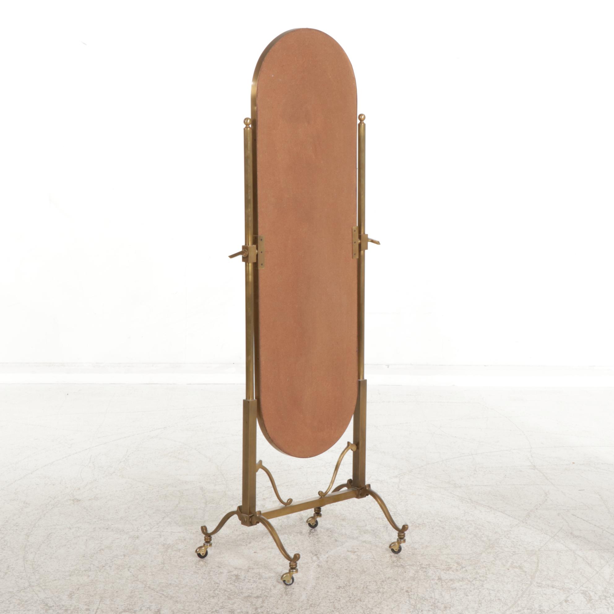 Art Deco Style Brass Racetrack Cheval Mirror on Casters