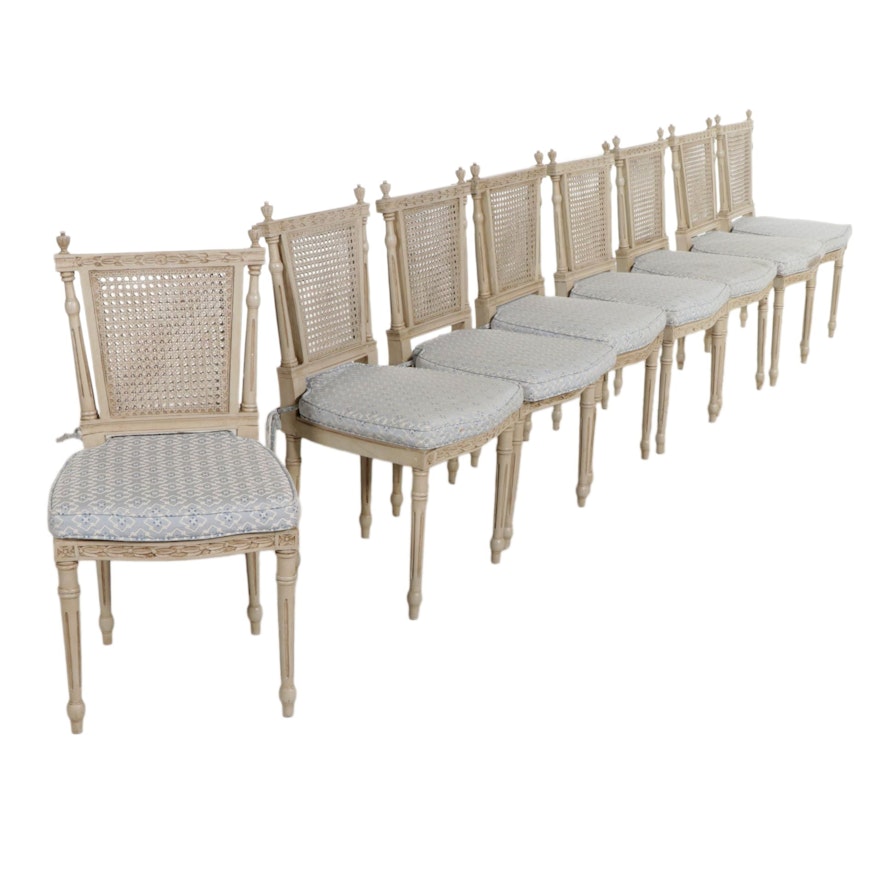Eight Neoclassical Style Painted Dining Chairs with Cane Seats, Mid 20th Century