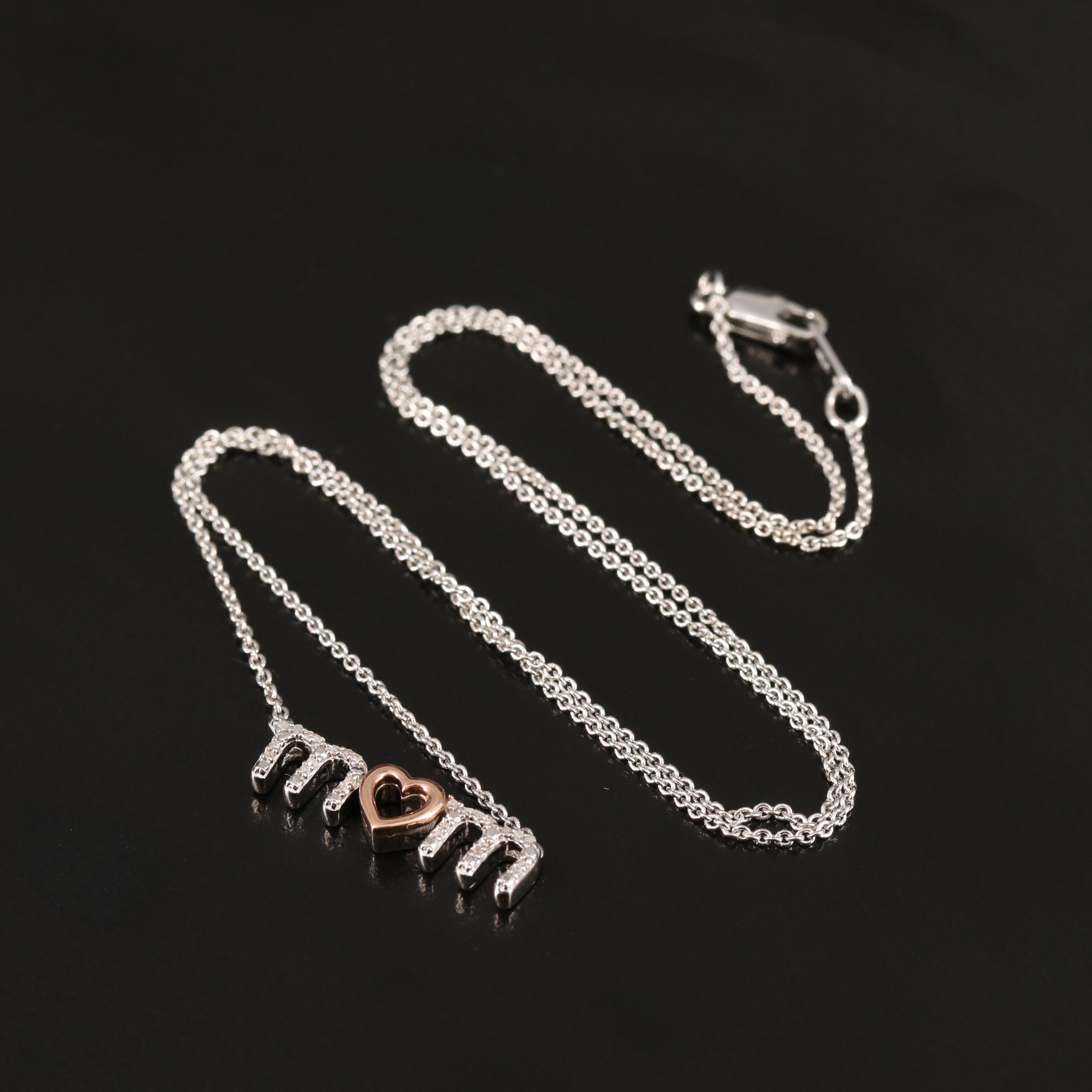 Sterling Diamond "Mom" Necklace with 10K Rose Gold Accents