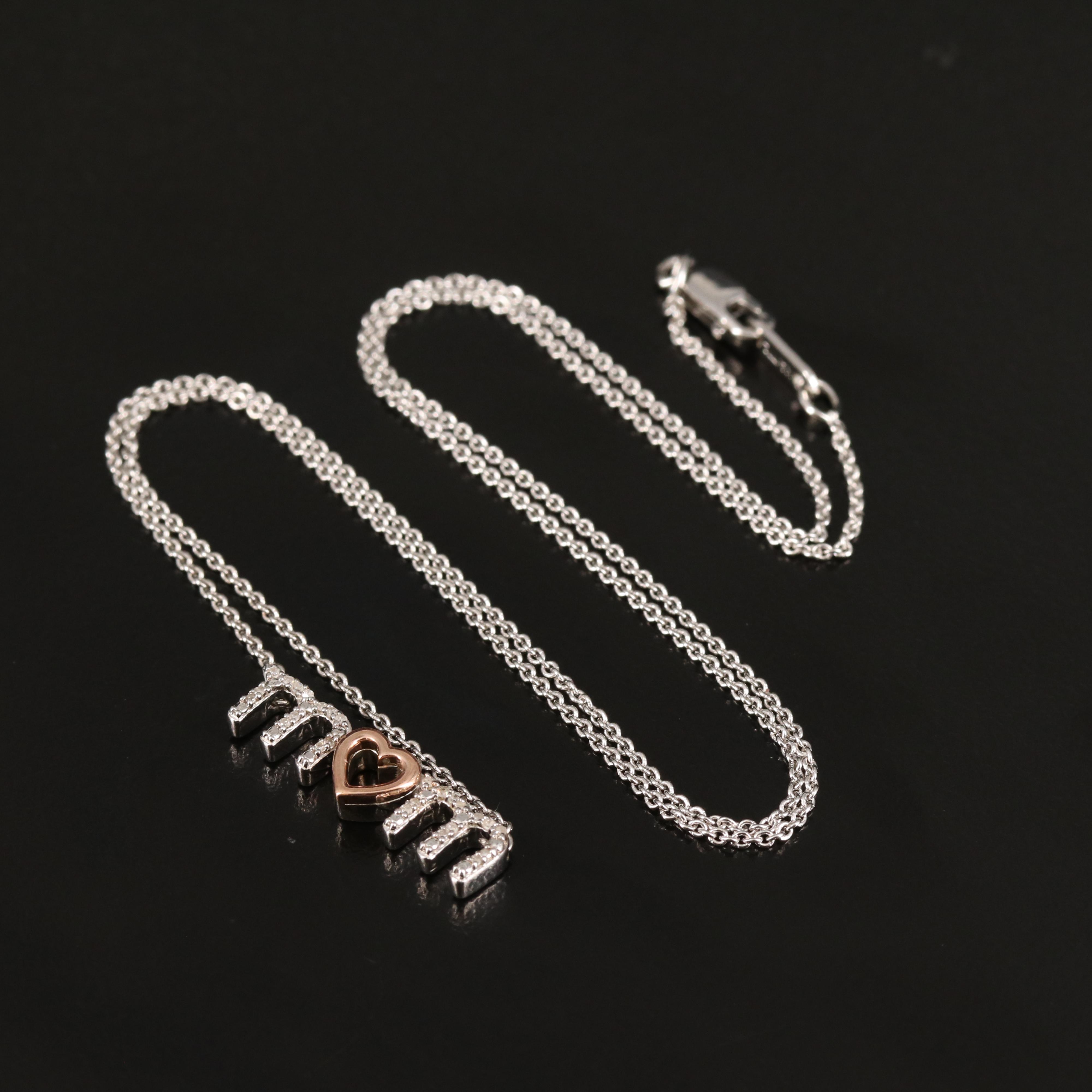 Sterling Diamond "Mom" Necklace with 10K Rose Gold Accents