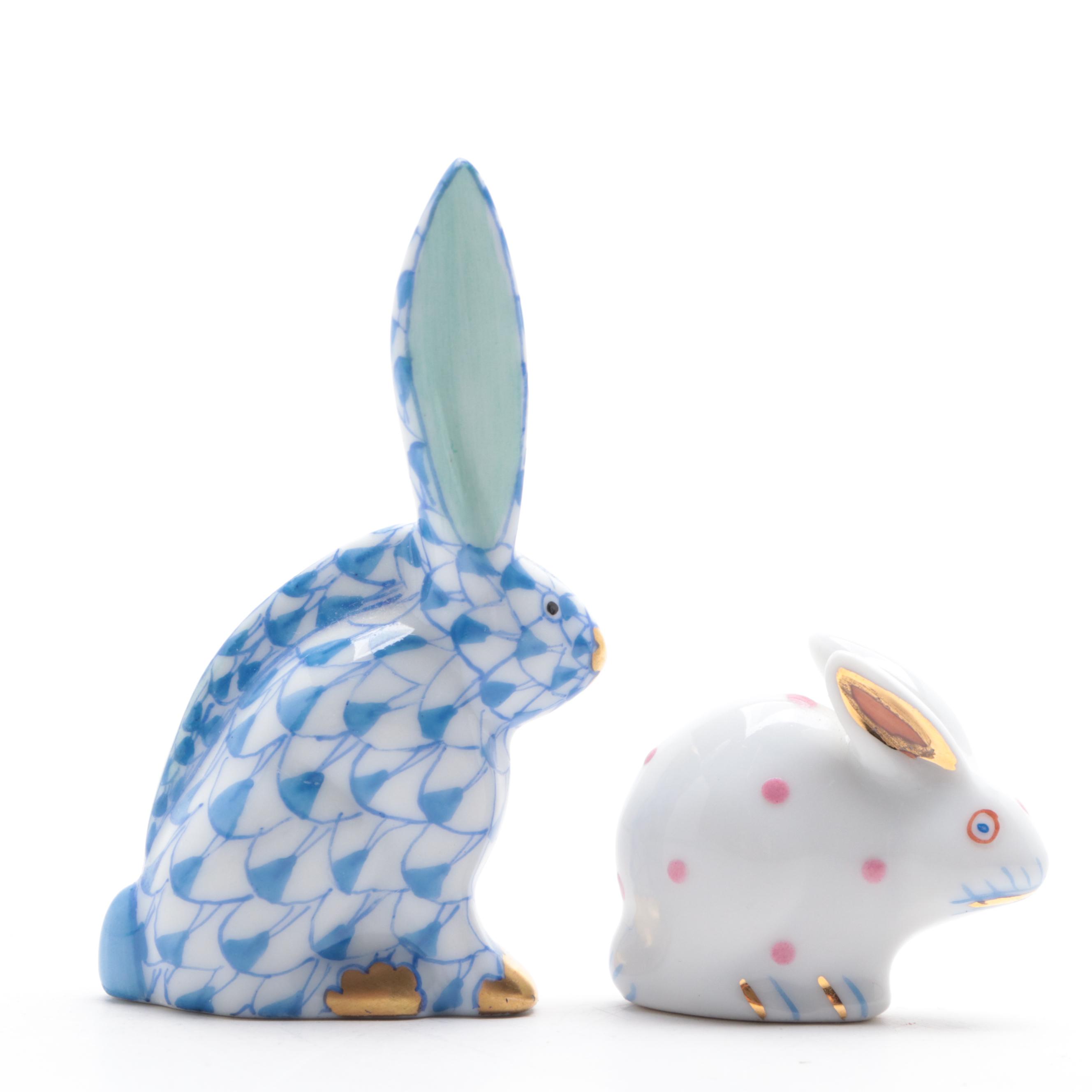 Herend Blue Fishnet "Rabbit One Ear Up" and "Polka Dot Rabbit" Figurines