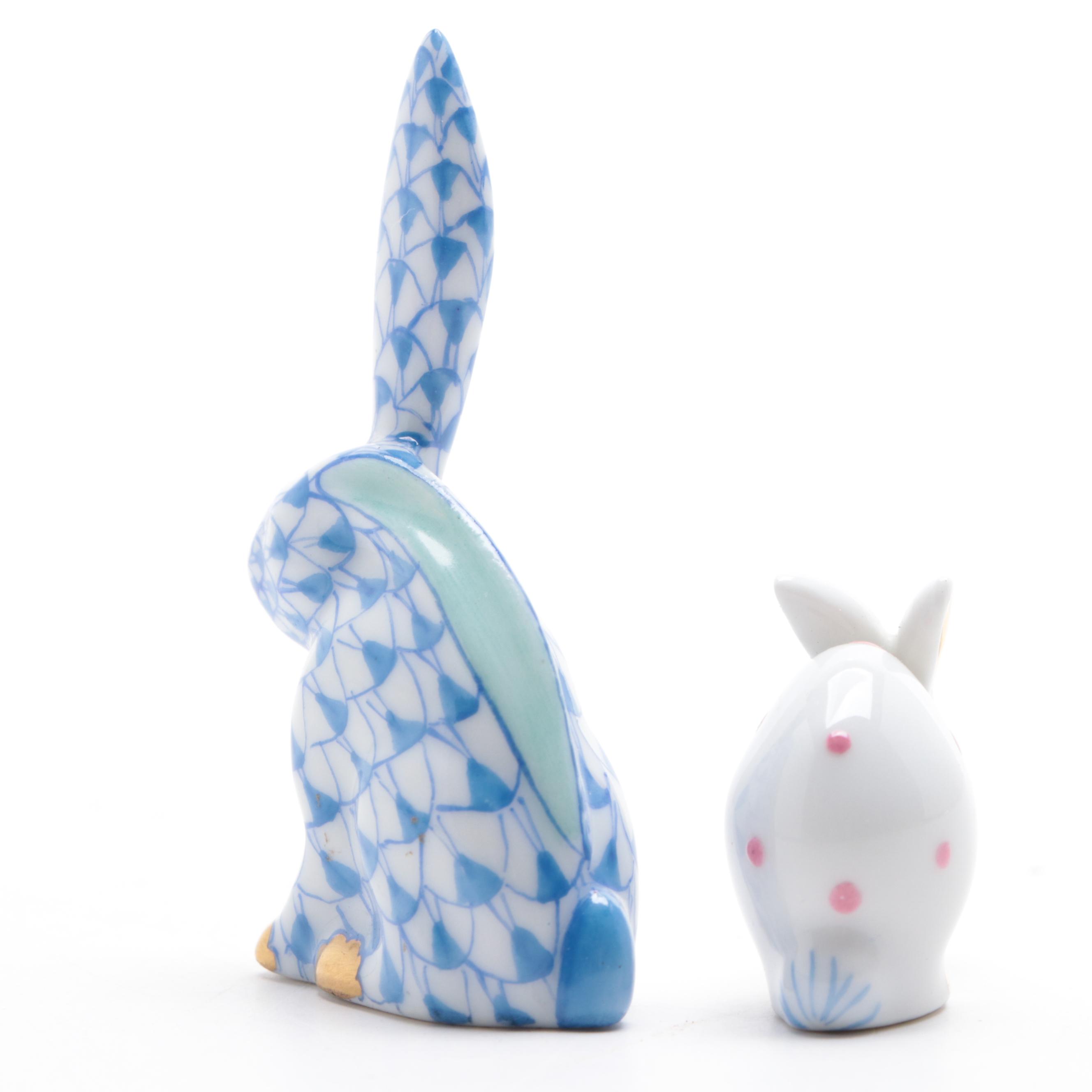 Herend Blue Fishnet "Rabbit One Ear Up" and "Polka Dot Rabbit" Figurines