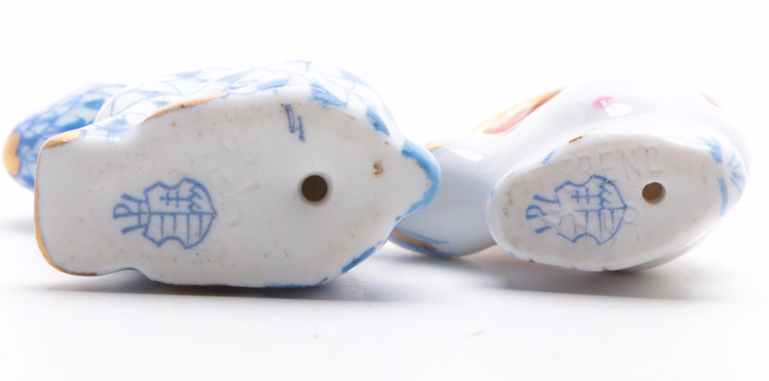 Herend Blue Fishnet "Rabbit One Ear Up" and "Polka Dot Rabbit" Figurines