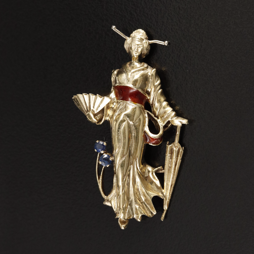 1960s 14K Japanese Lady with Fan and Parisol Brooch Including Sapphire