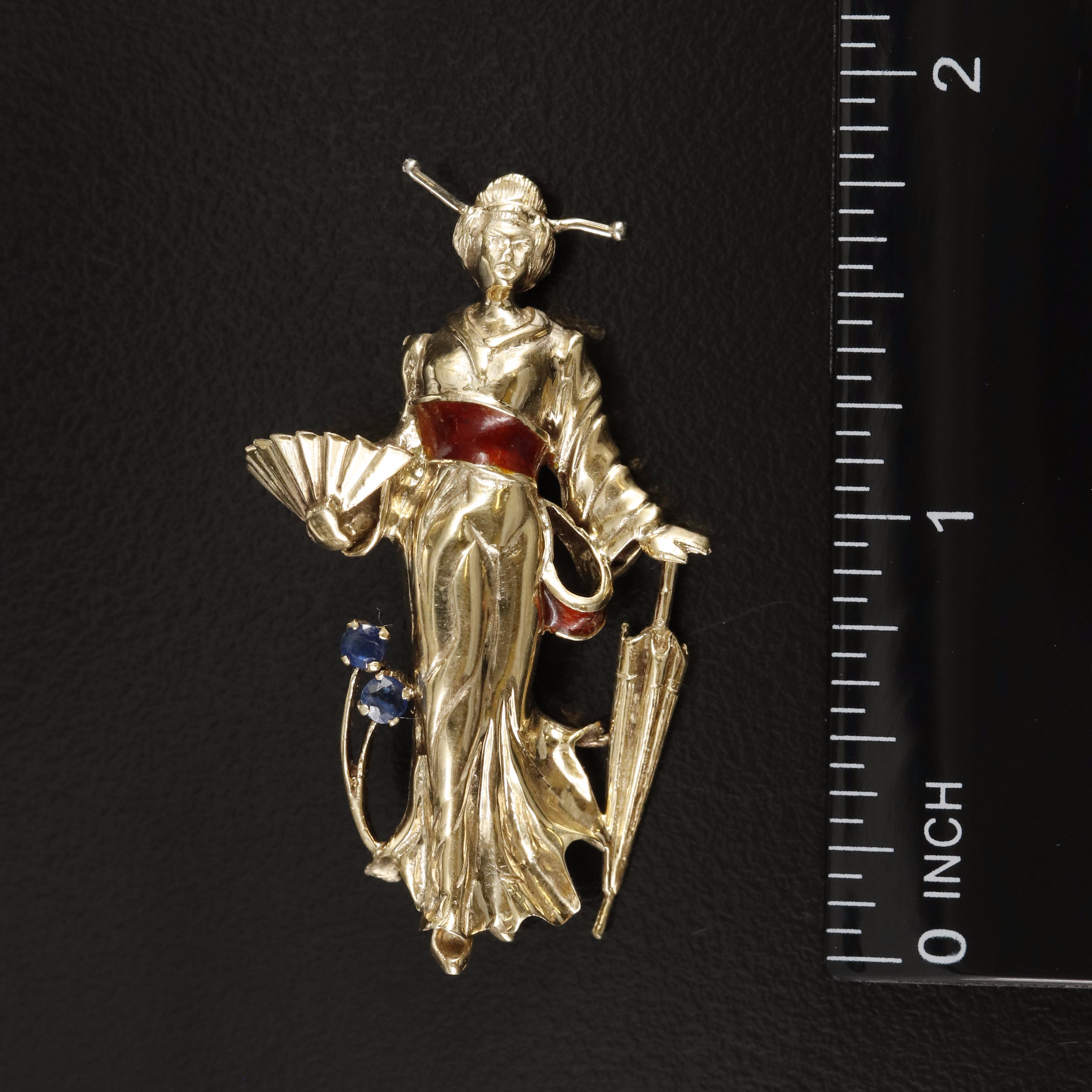 1960s 14K Japanese Lady with Fan and Parisol Brooch Including Sapphire