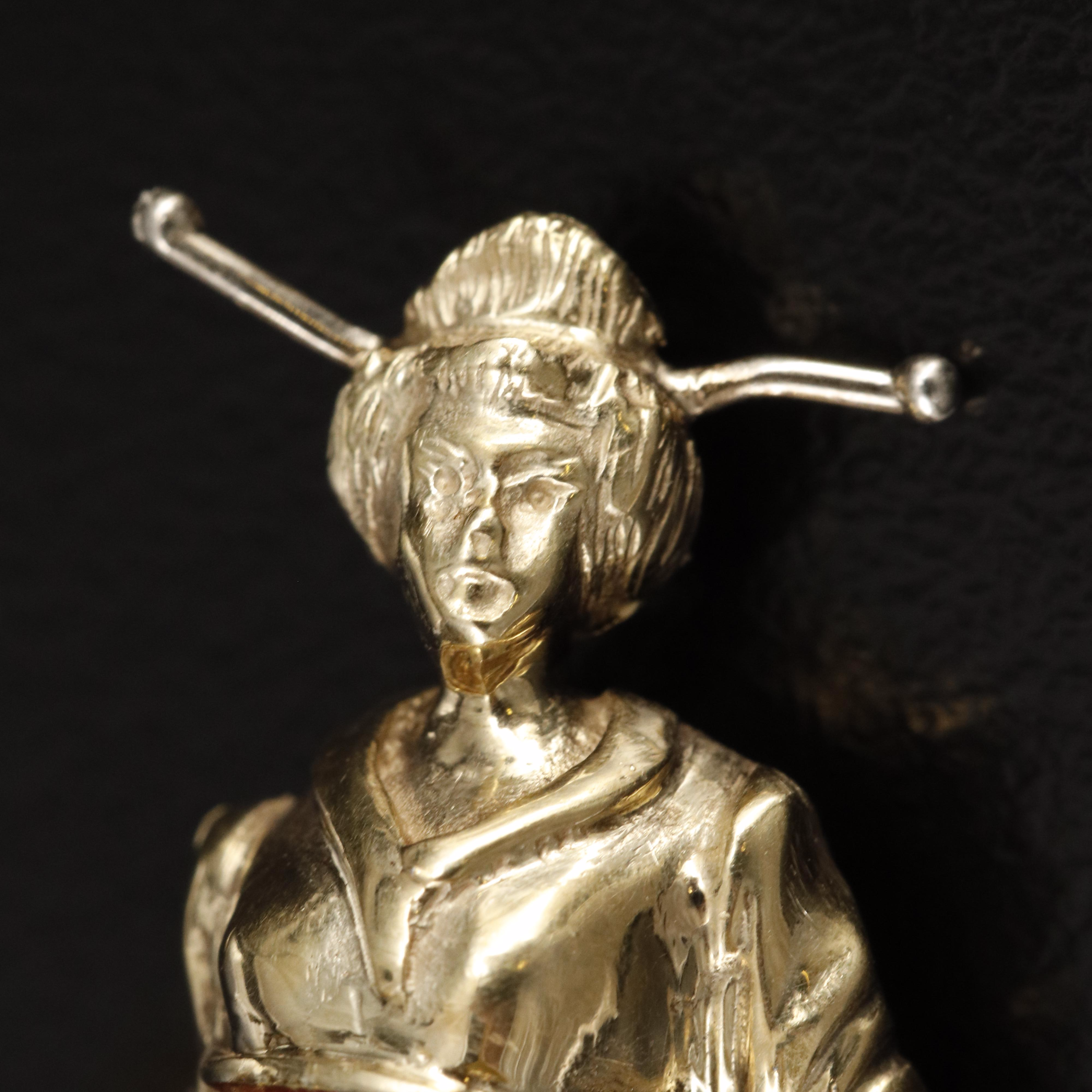 1960s 14K Japanese Lady with Fan and Parisol Brooch Including Sapphire
