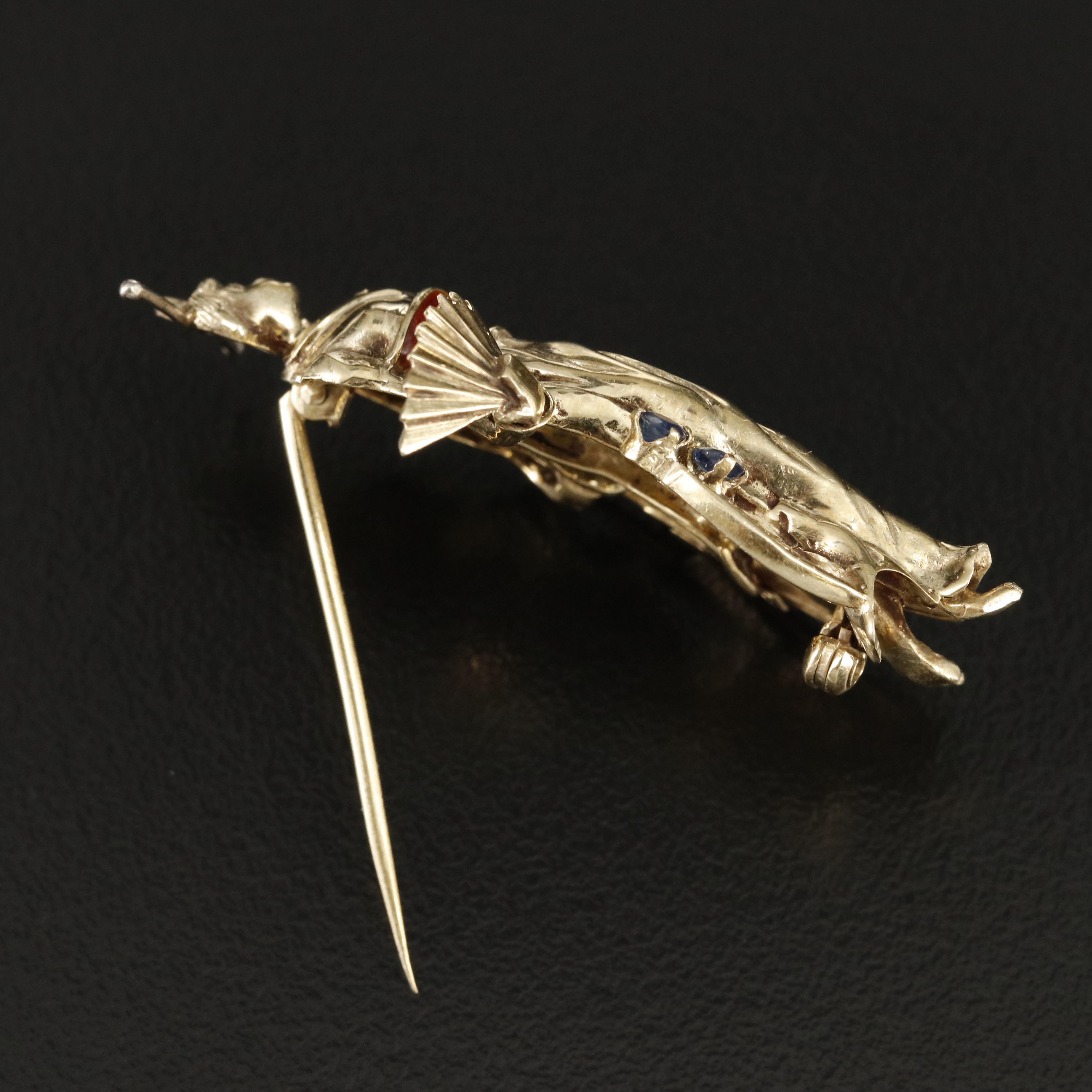 1960s 14K Japanese Lady with Fan and Parisol Brooch Including Sapphire