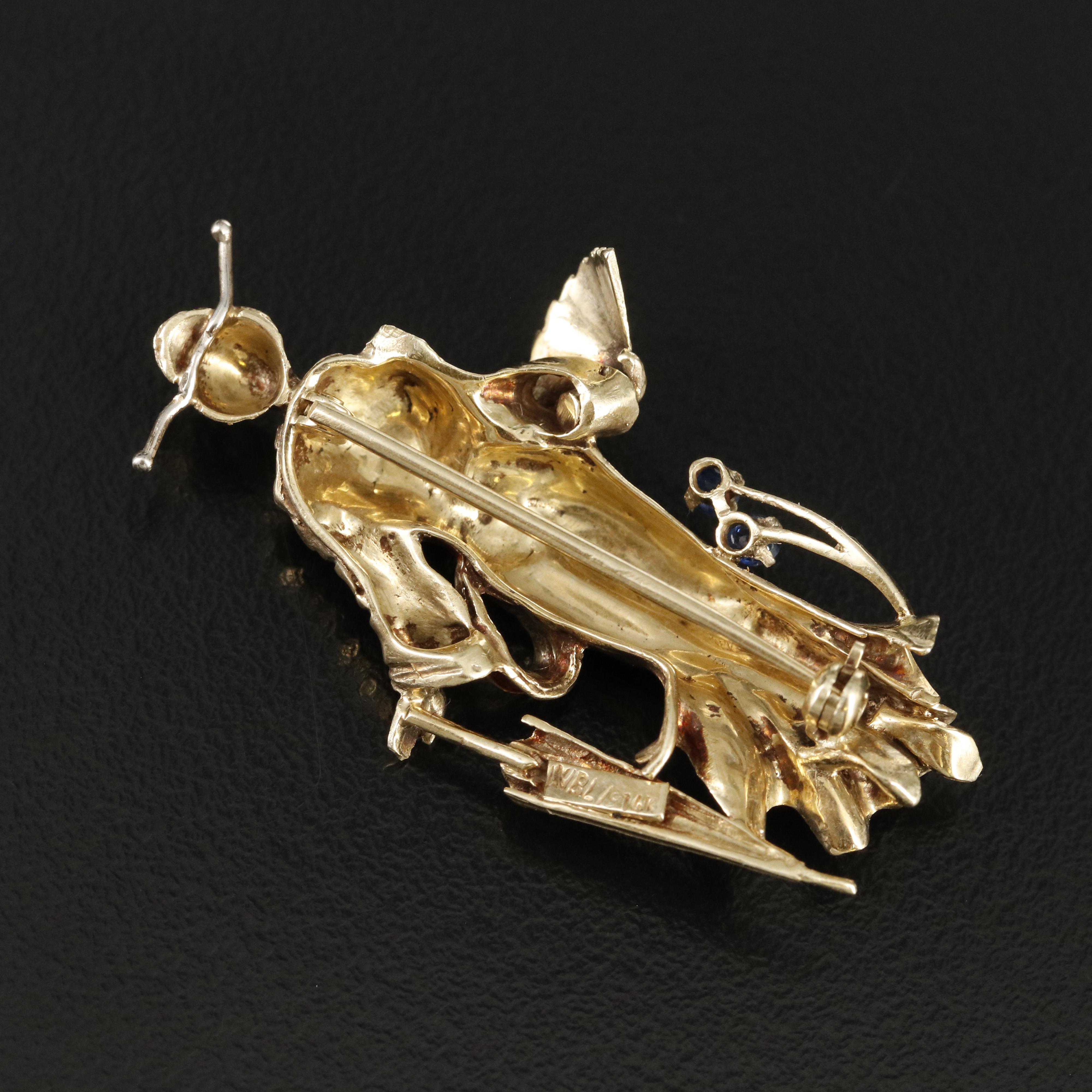 1960s 14K Japanese Lady with Fan and Parisol Brooch Including Sapphire