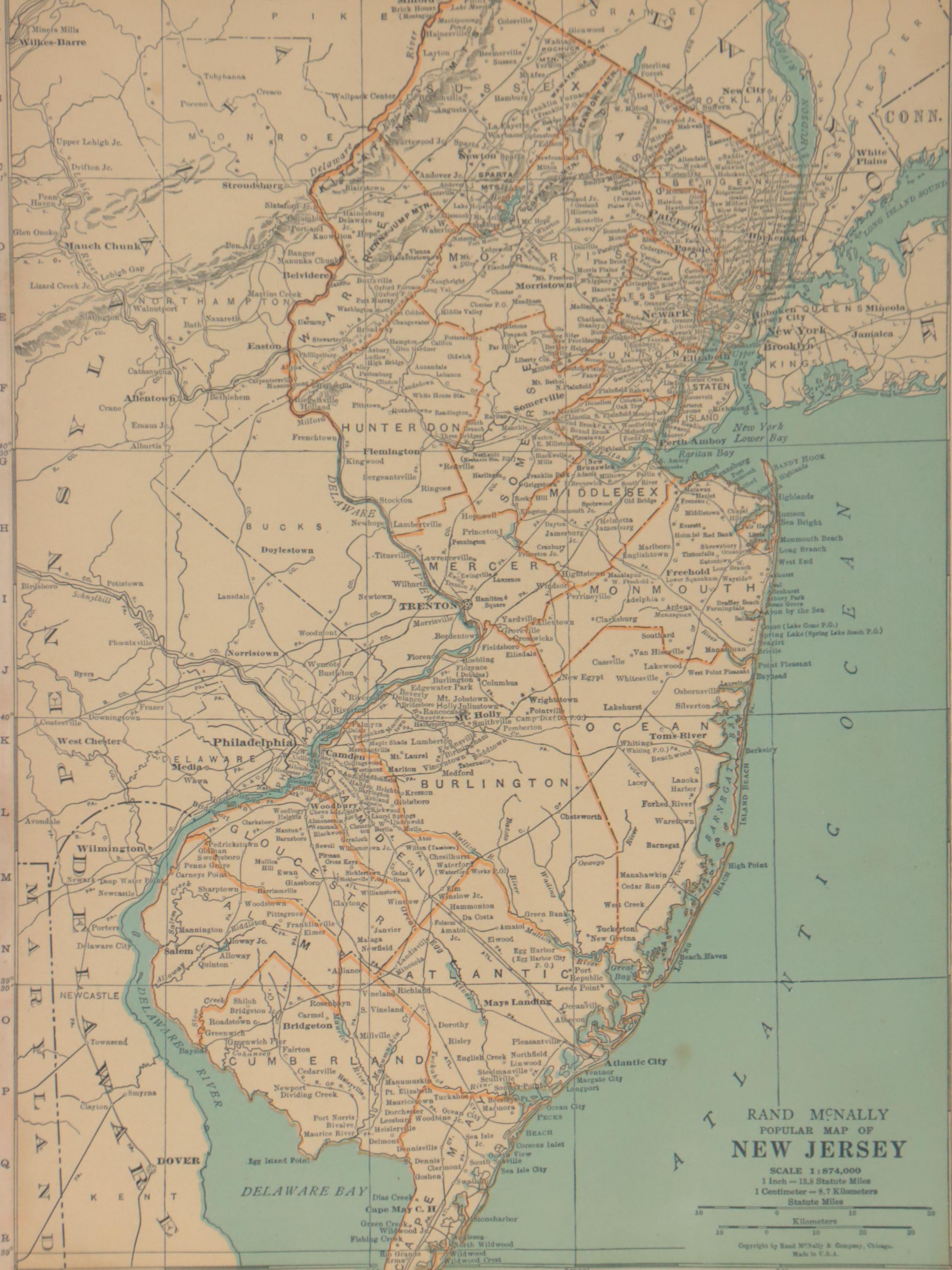 Rand McNally & Co. Wax Engraving Map of New Jersey, Circa 1898