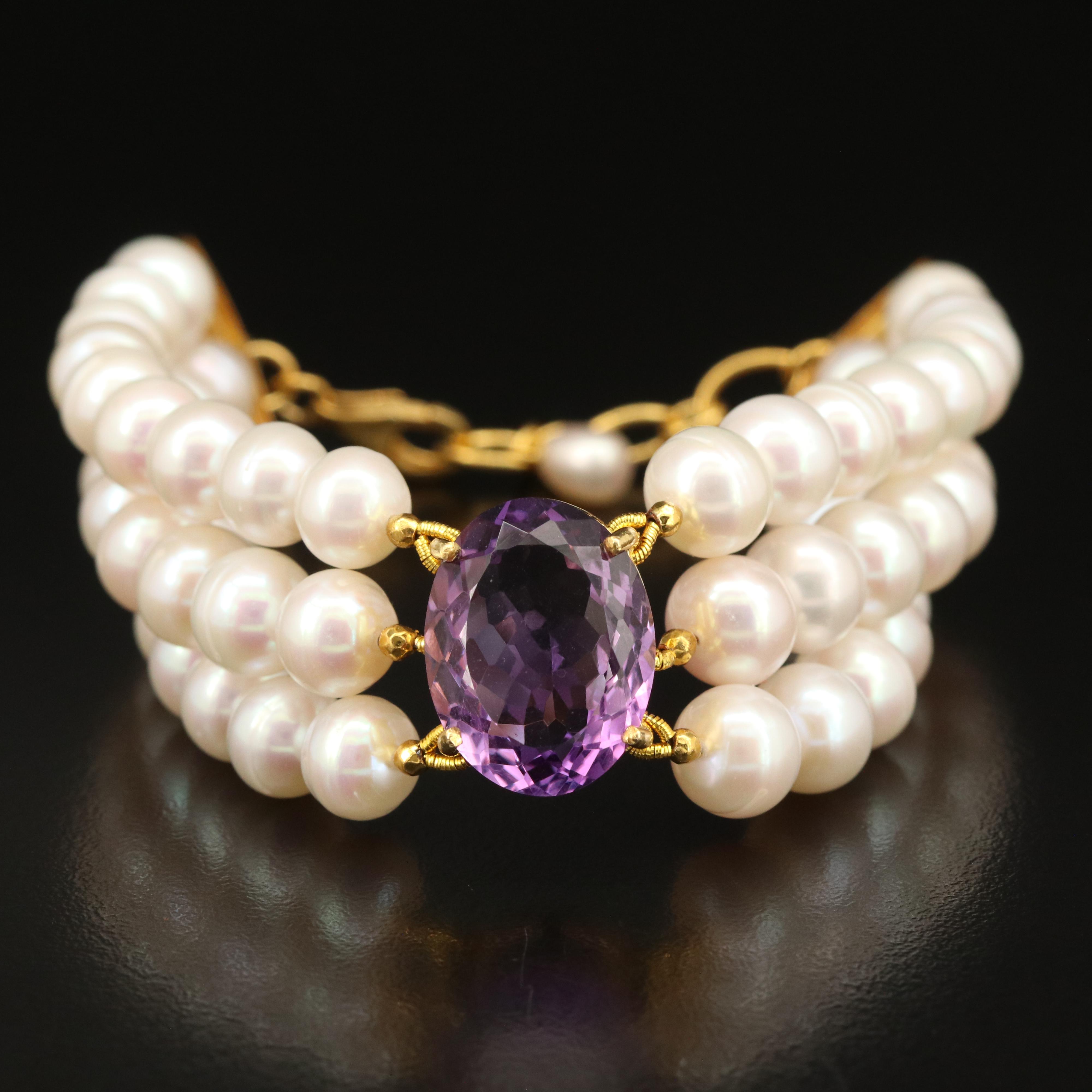 Sterling Pearl and Amethyst Triple Row Bracelet