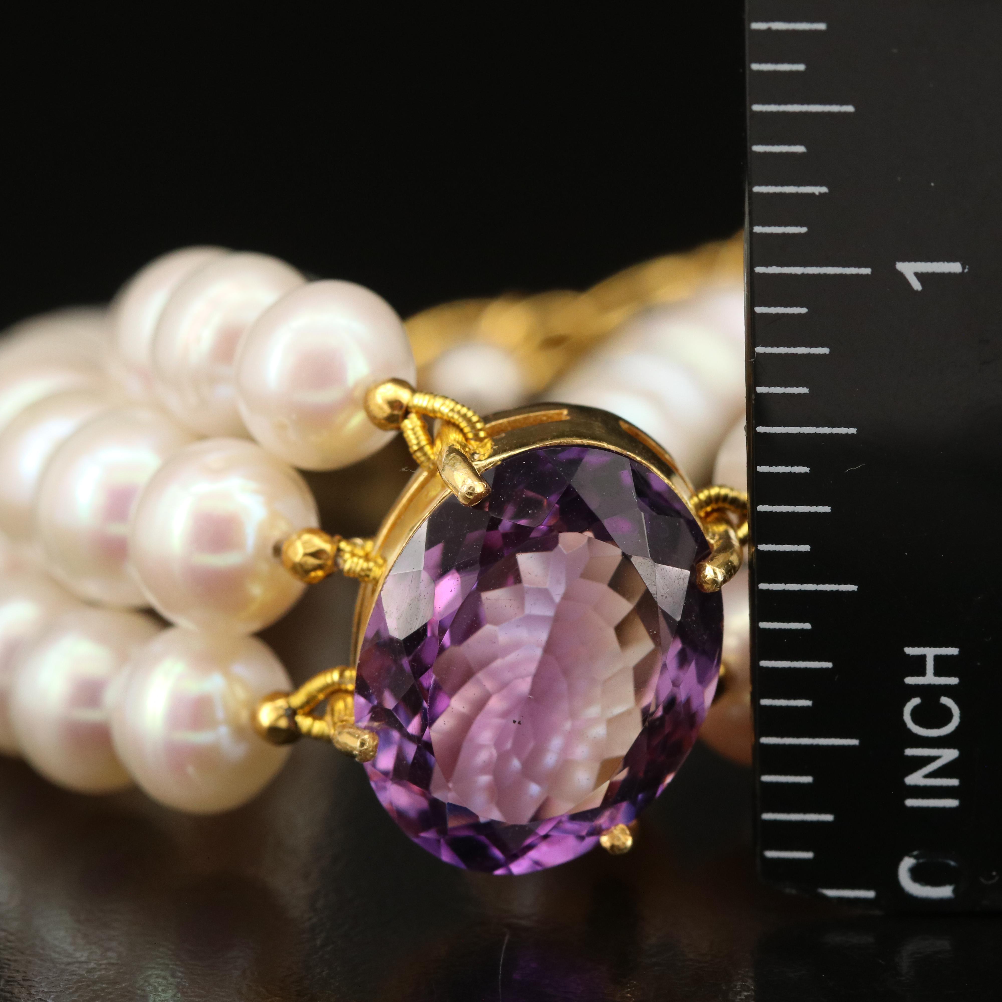 Sterling Pearl and Amethyst Triple Row Bracelet