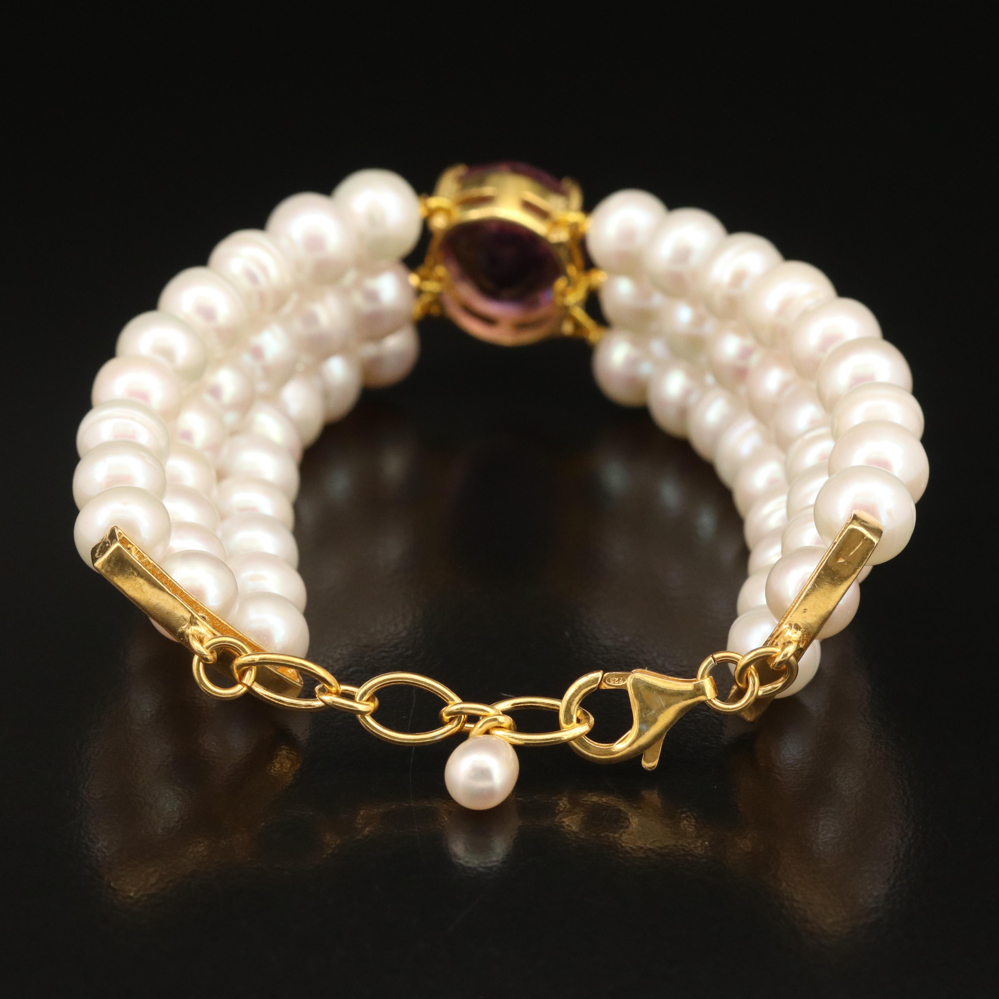 Sterling Pearl and Amethyst Triple Row Bracelet