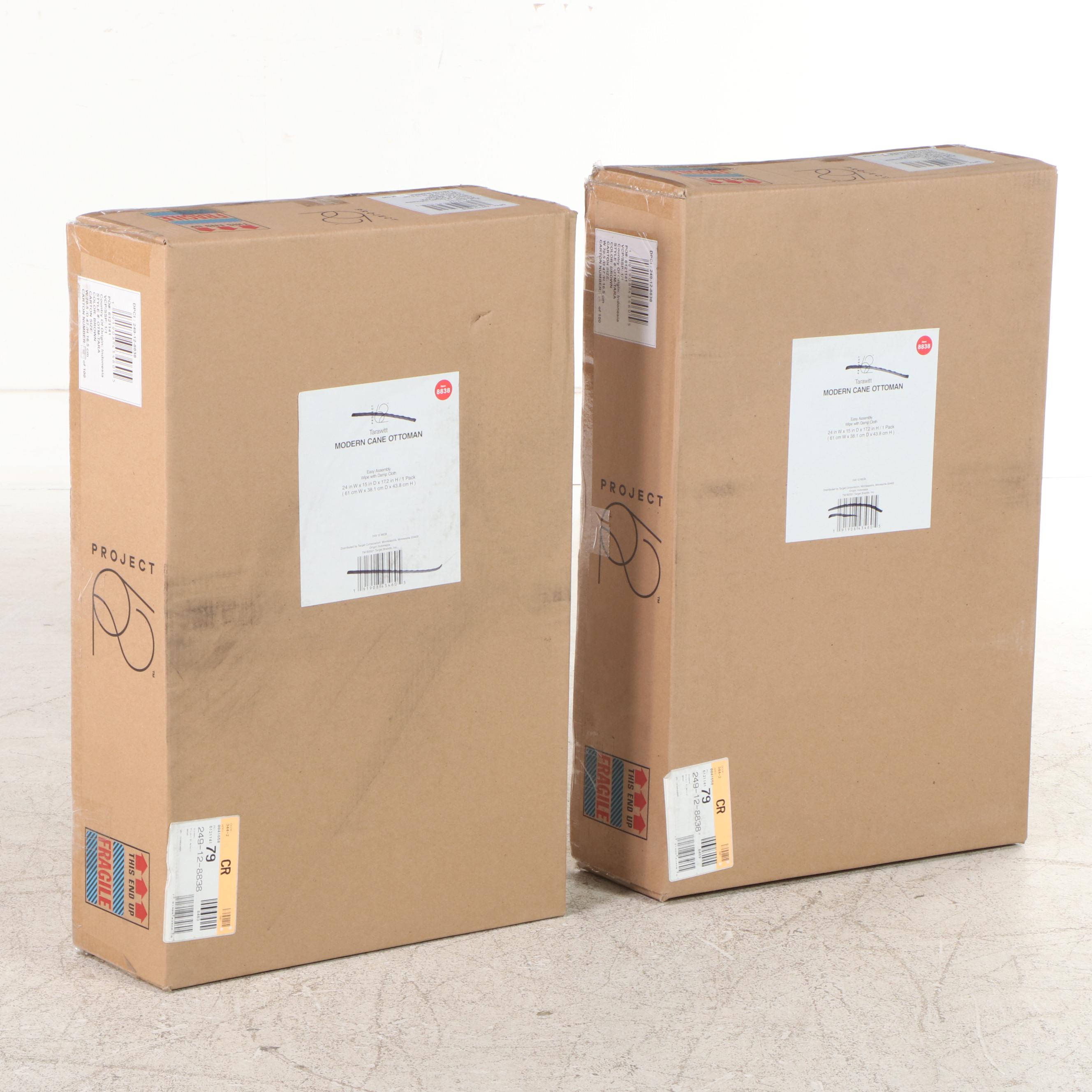 Two Project 62 Tarawitt Natural Finish Modern Cane Ottomans