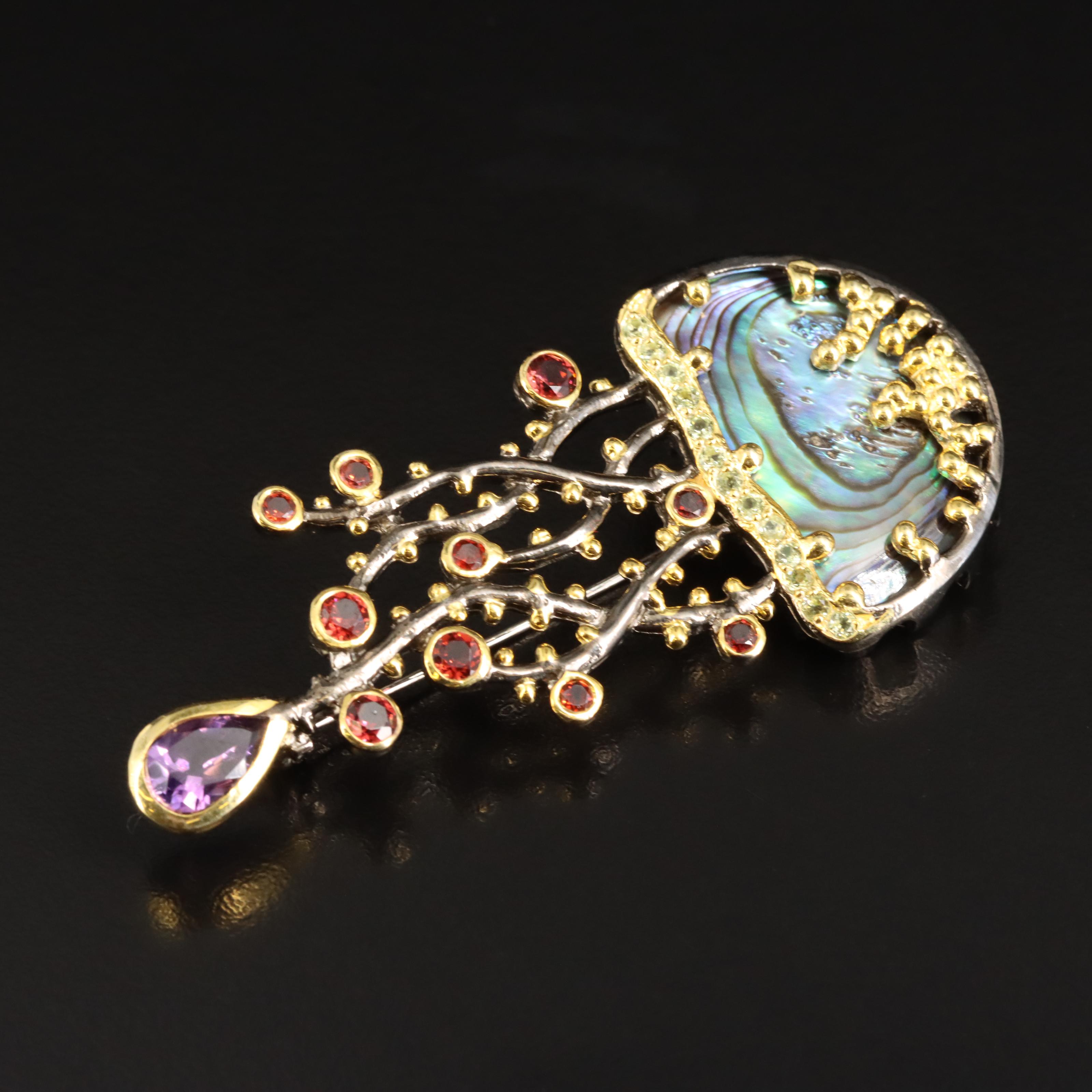 Sterling Abalone, Amethyst and Peridot Jellyfish Brooch