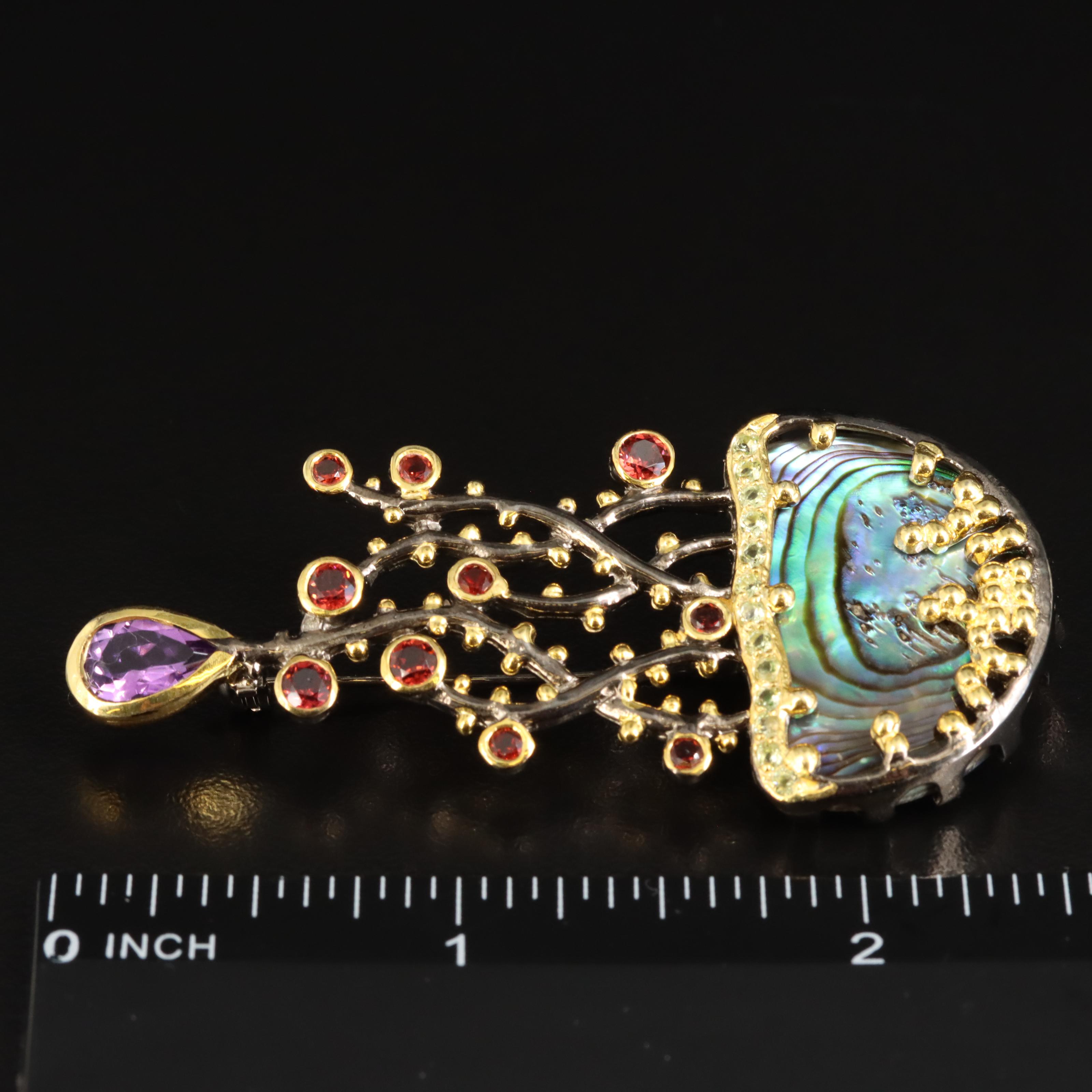Sterling Abalone, Amethyst and Peridot Jellyfish Brooch