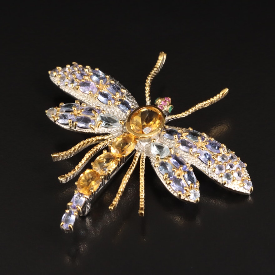 Sterling Citrine, Aquamarine and Tanzanite Dragonfly Brooch