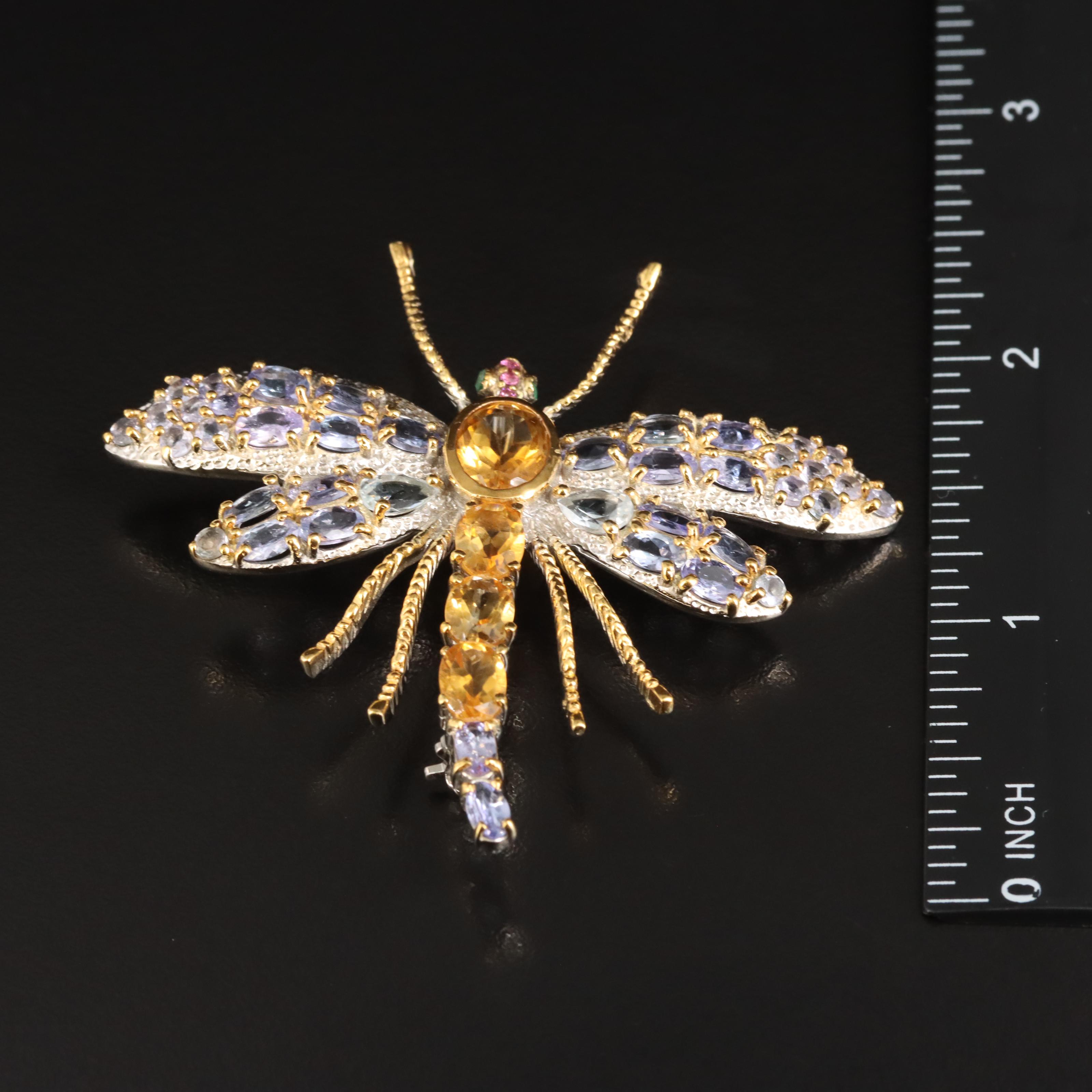Sterling Citrine, Aquamarine and Tanzanite Dragonfly Brooch