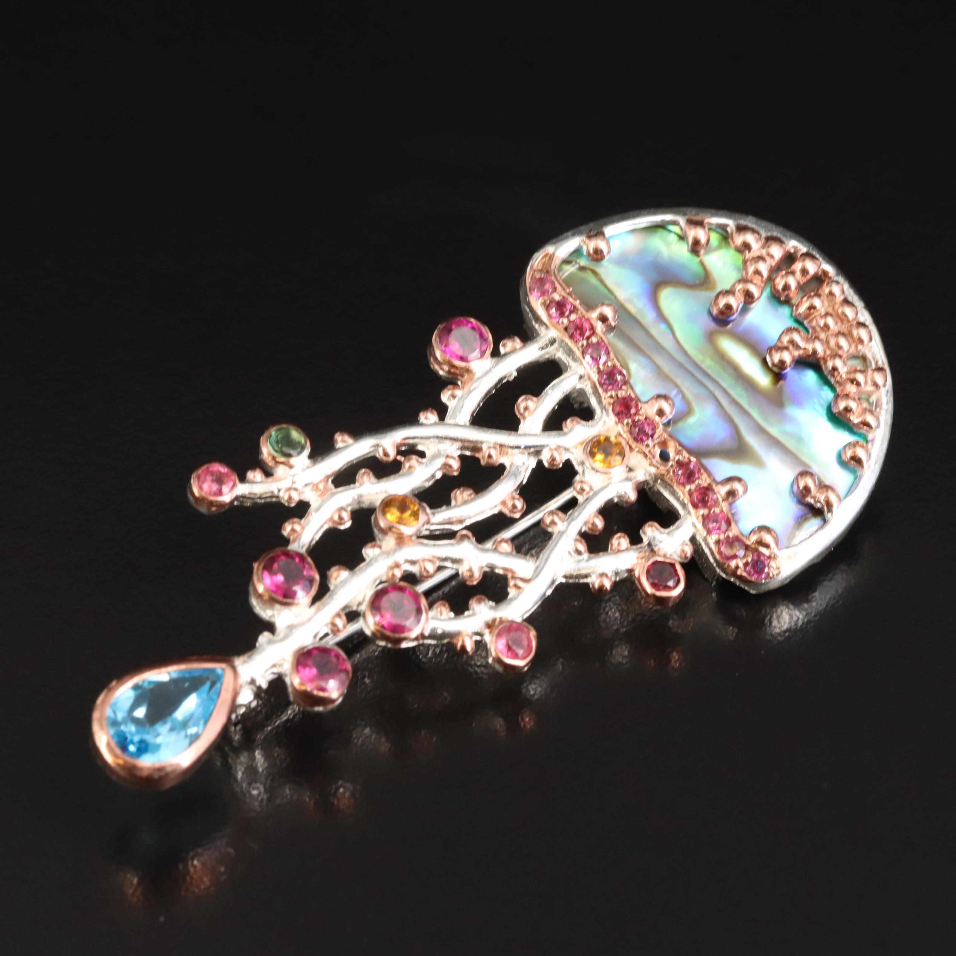 Sterling Abalone, Swiss Blue Topaz and Garnet Jellyfish Brooch