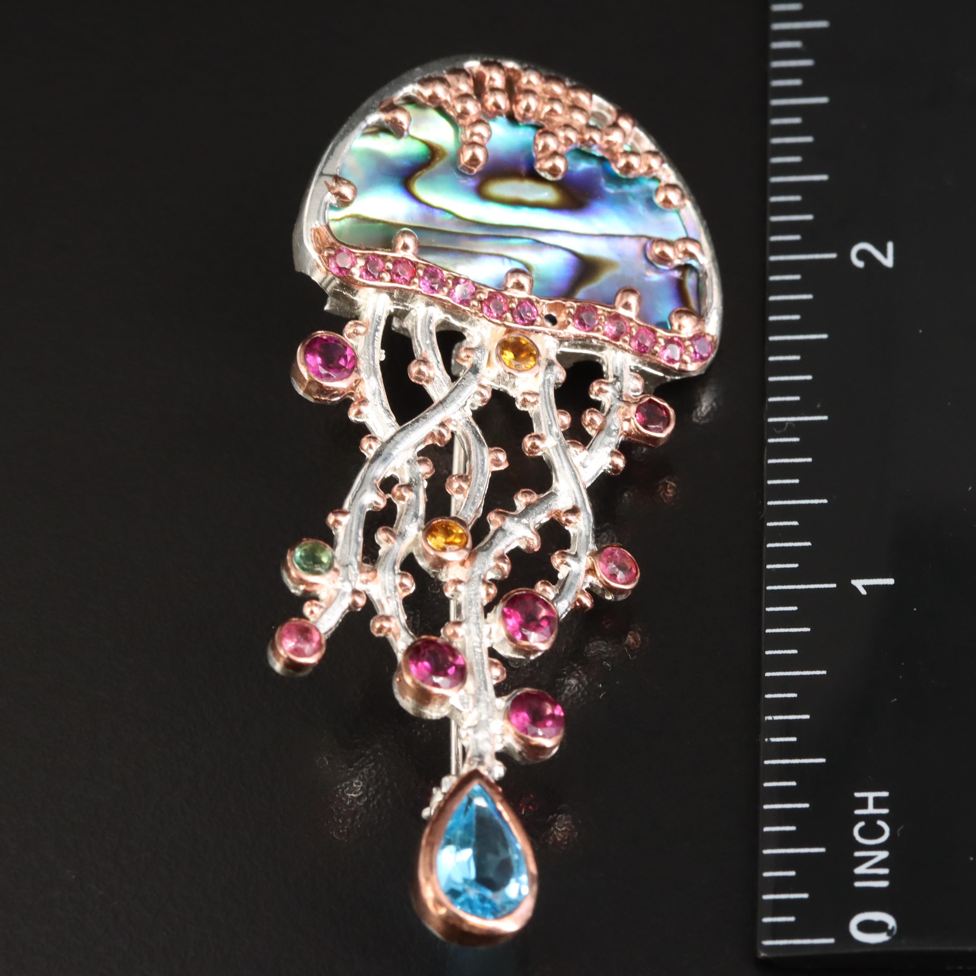 Sterling Abalone, Swiss Blue Topaz and Garnet Jellyfish Brooch