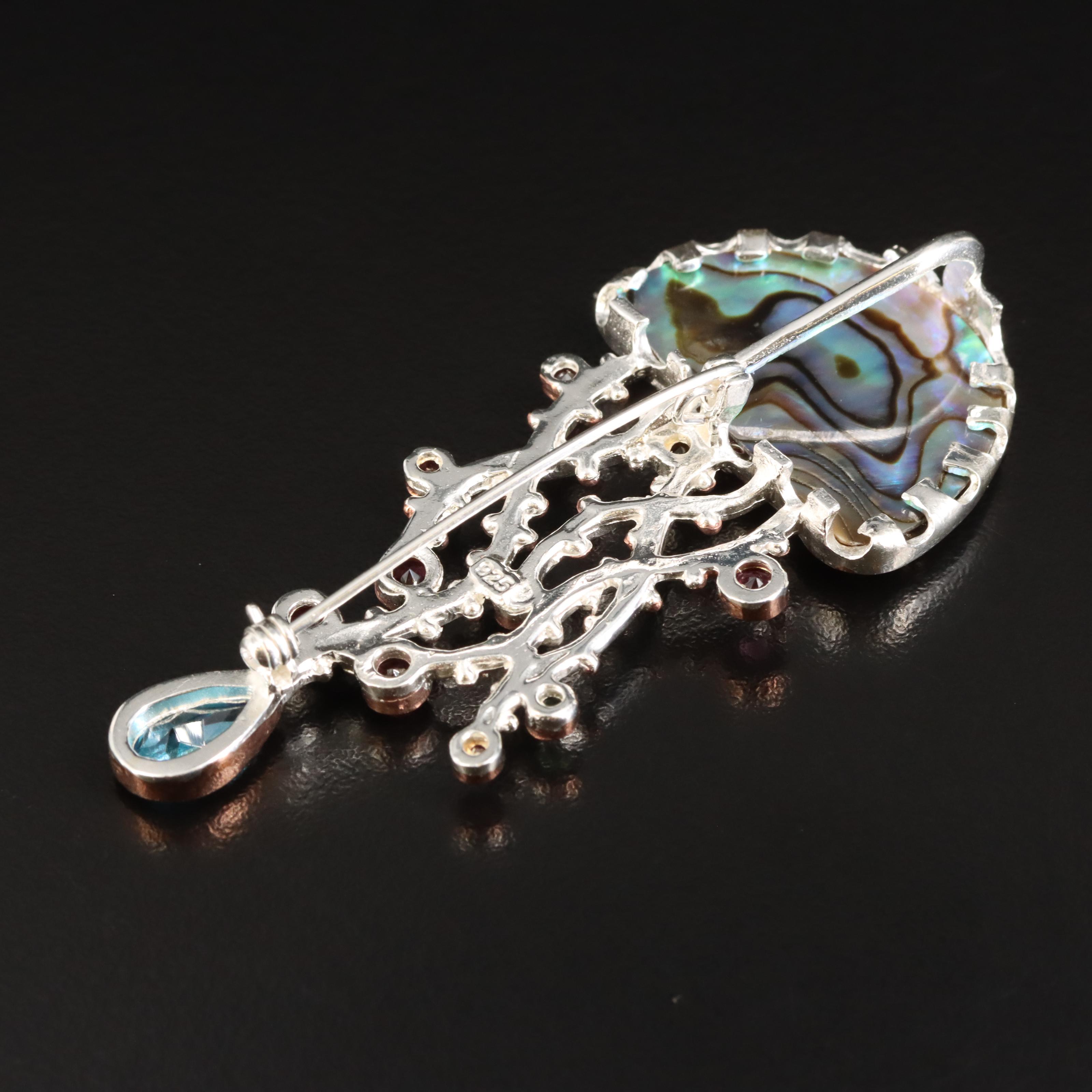 Sterling Abalone, Swiss Blue Topaz and Garnet Jellyfish Brooch