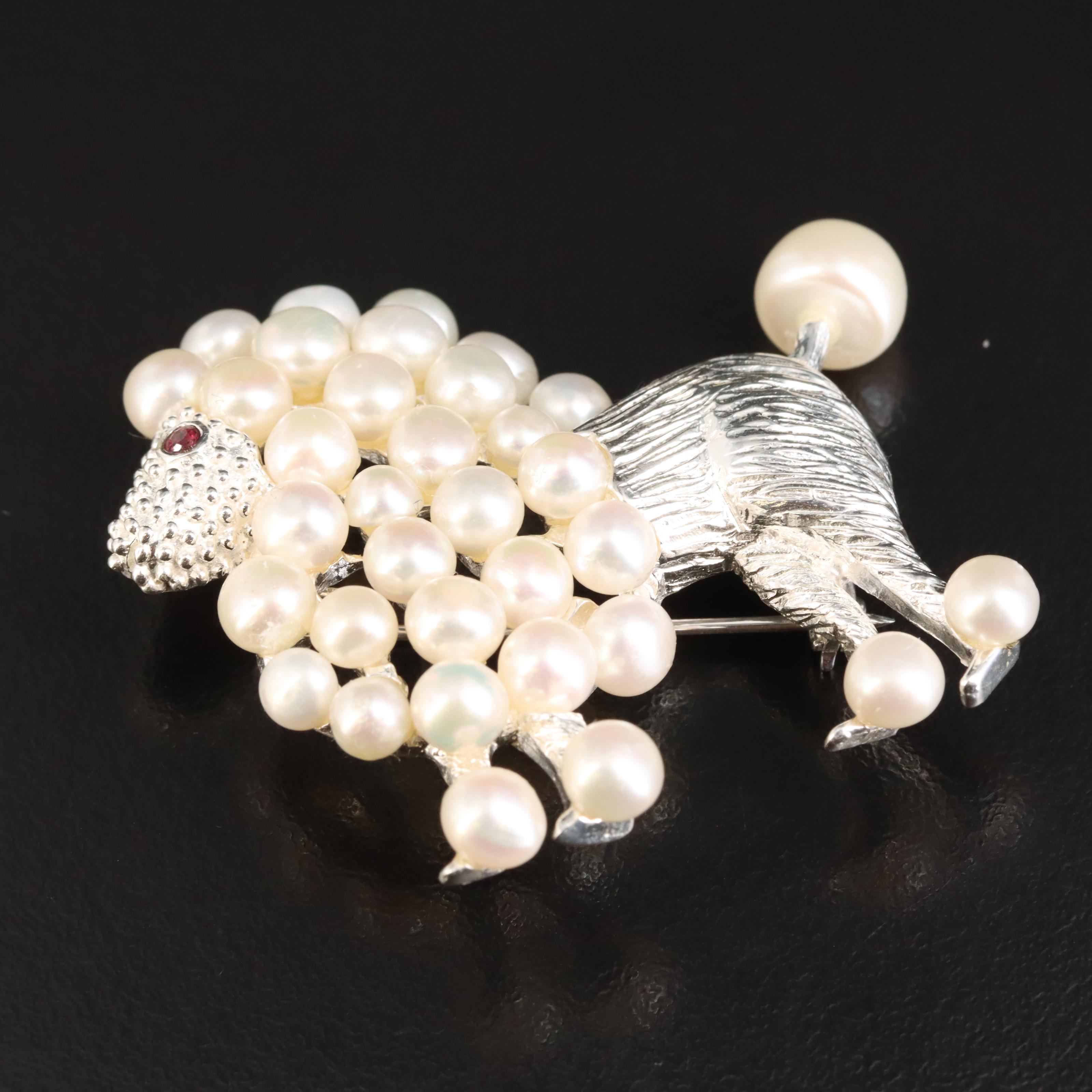 Sterling Pearl and Rhodolite Garnet Poodle Brooch