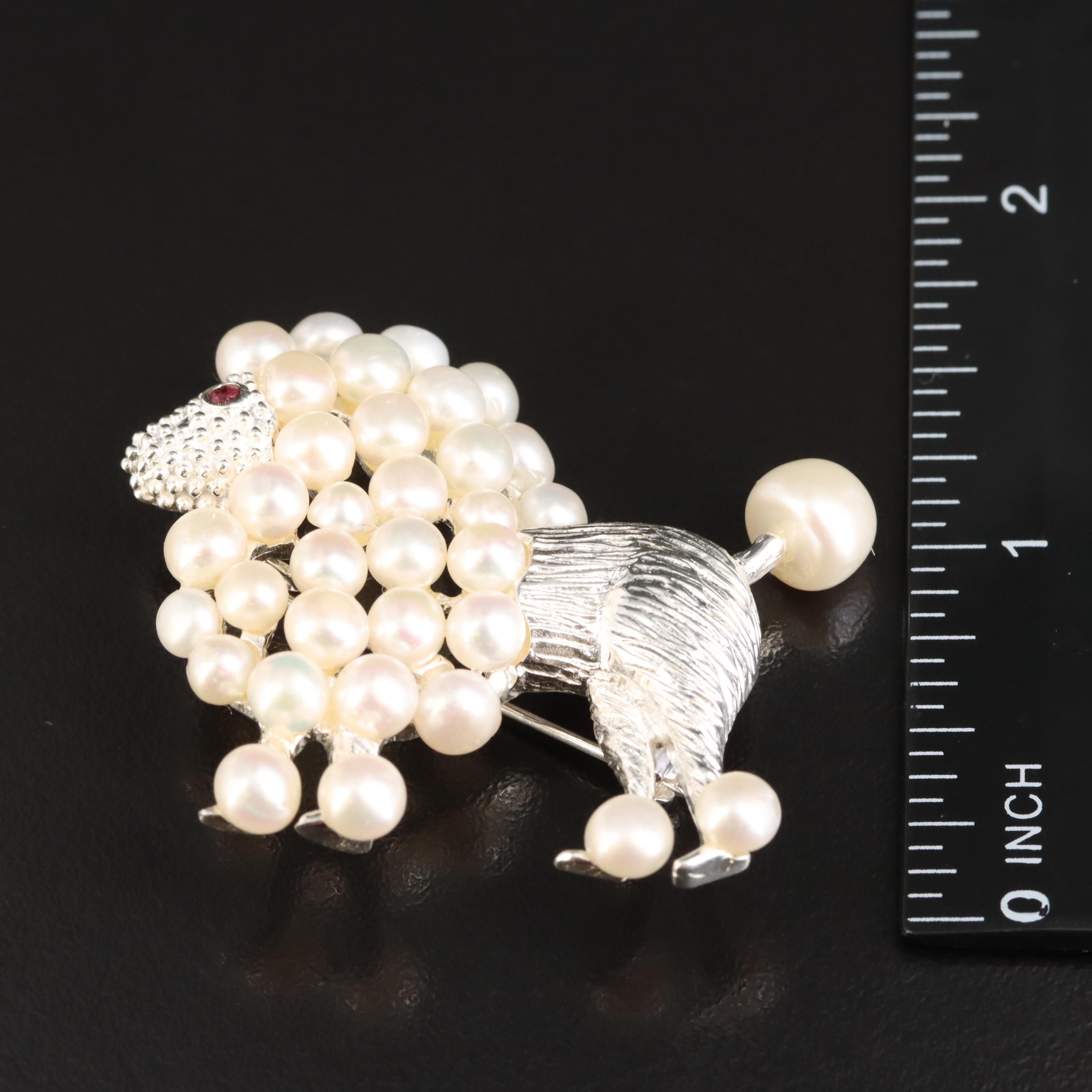 Sterling Pearl and Rhodolite Garnet Poodle Brooch