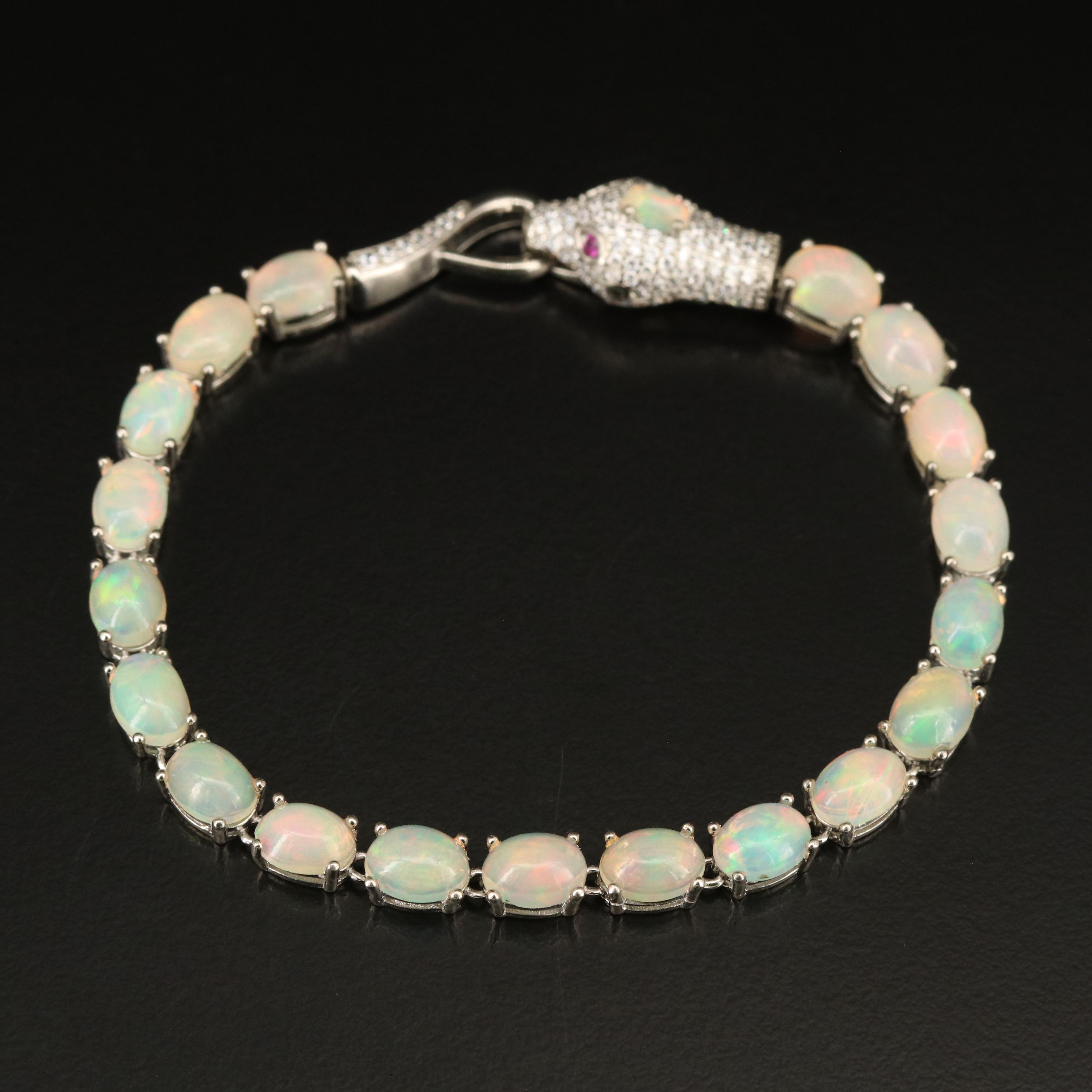 Sterling Opal, Ruby and Cubic Zirconia Snake Bracelet
