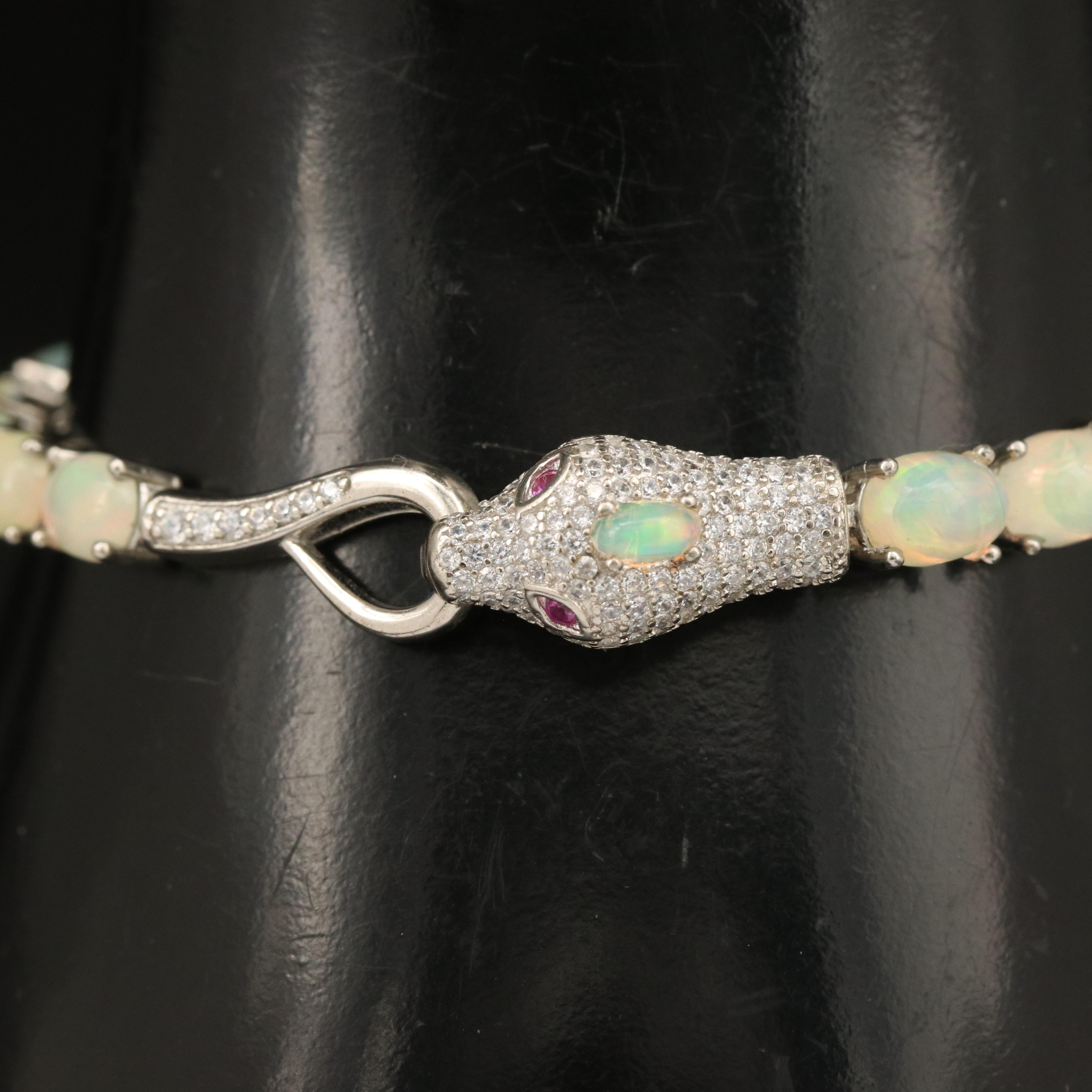 Sterling Opal, Ruby and Cubic Zirconia Snake Bracelet