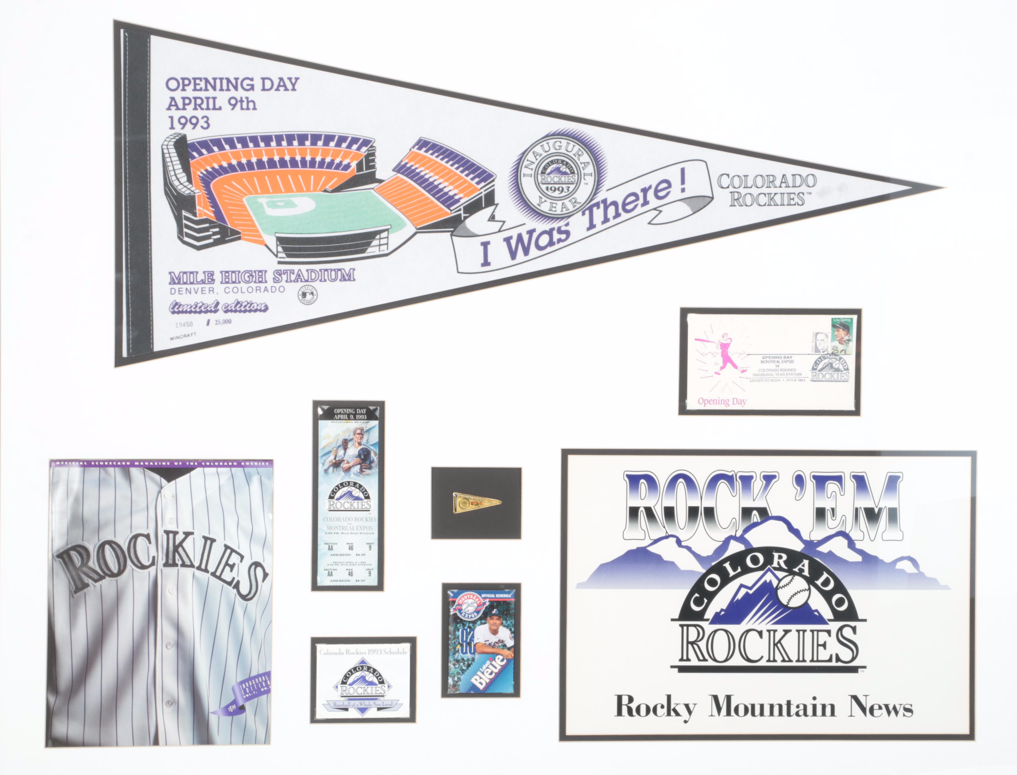 1993 Colorado Rockies Opening Day Framed Memorabilia With Tickets, Pennants,More