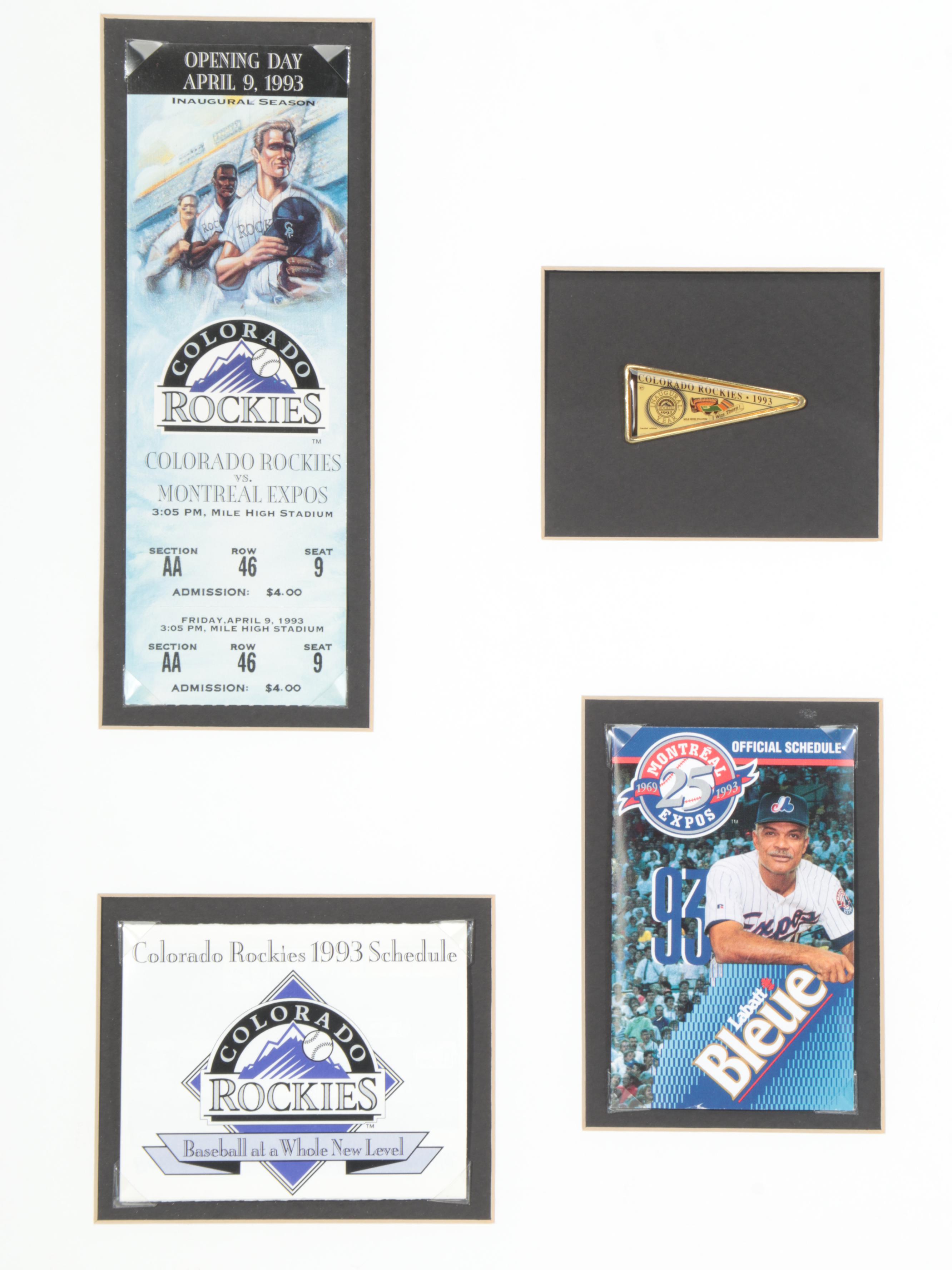 1993 Colorado Rockies Opening Day Framed Memorabilia With Tickets, Pennants,More