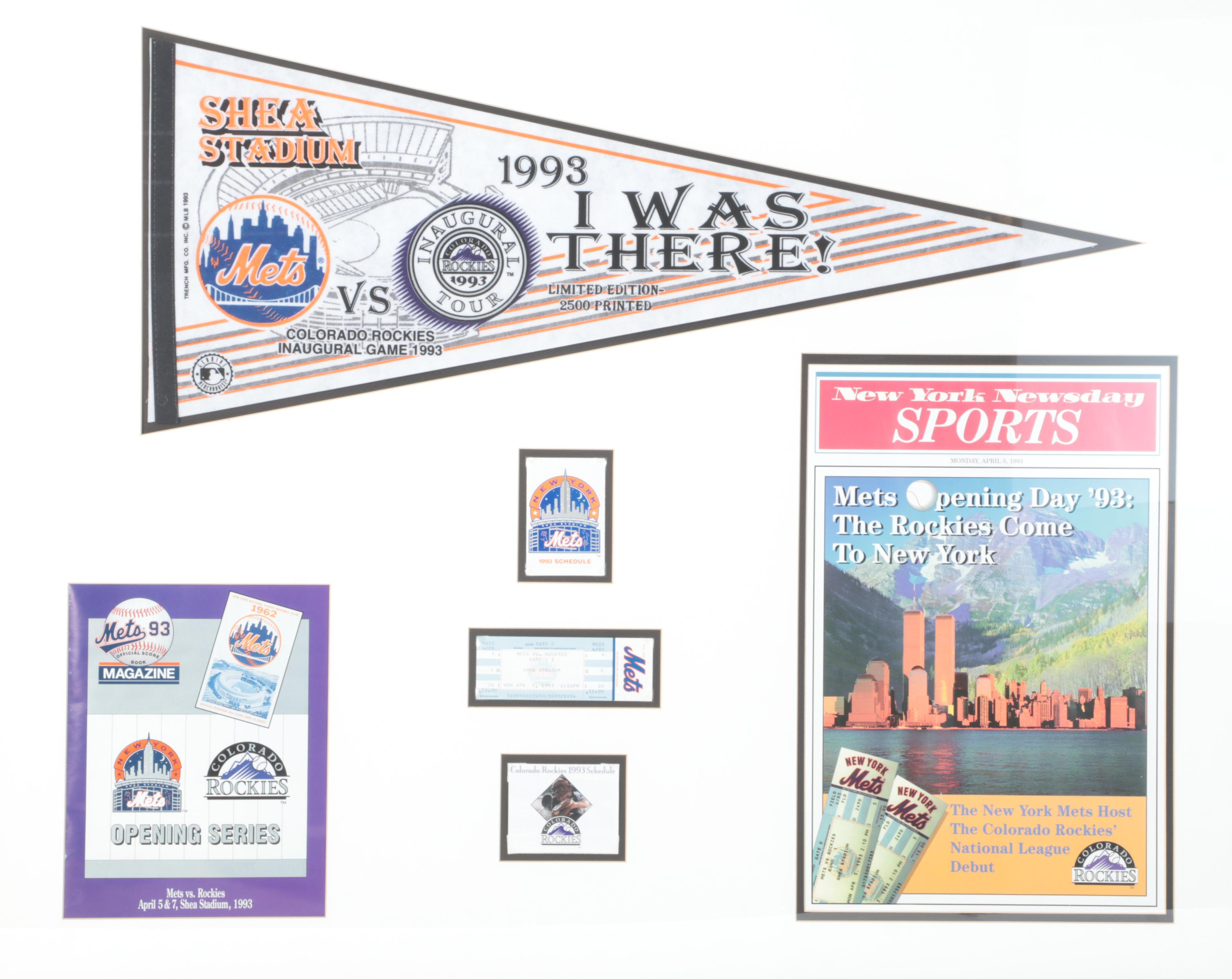 1993 Colorado Rockies Opening Day Framed Memorabilia With Tickets, Pennants,More