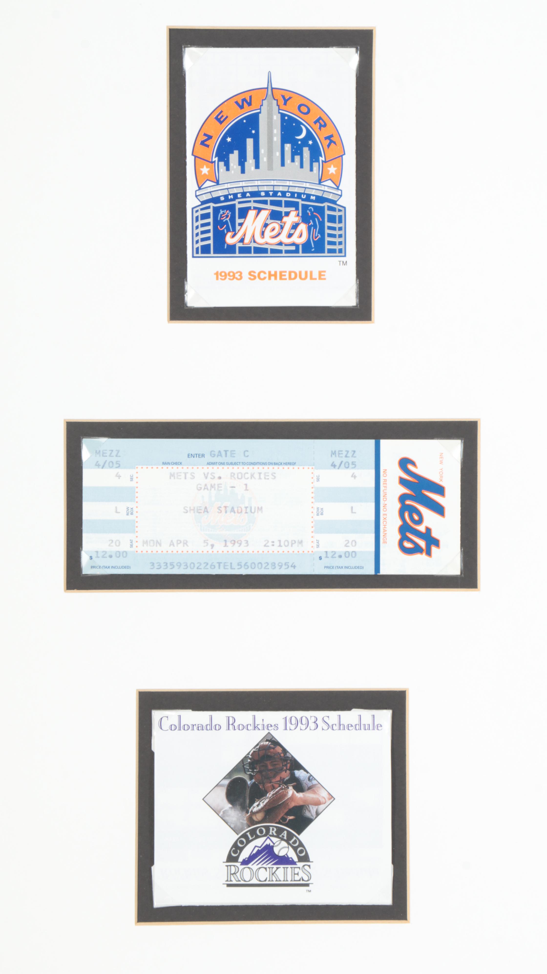 1993 Colorado Rockies Opening Day Framed Memorabilia With Tickets, Pennants,More