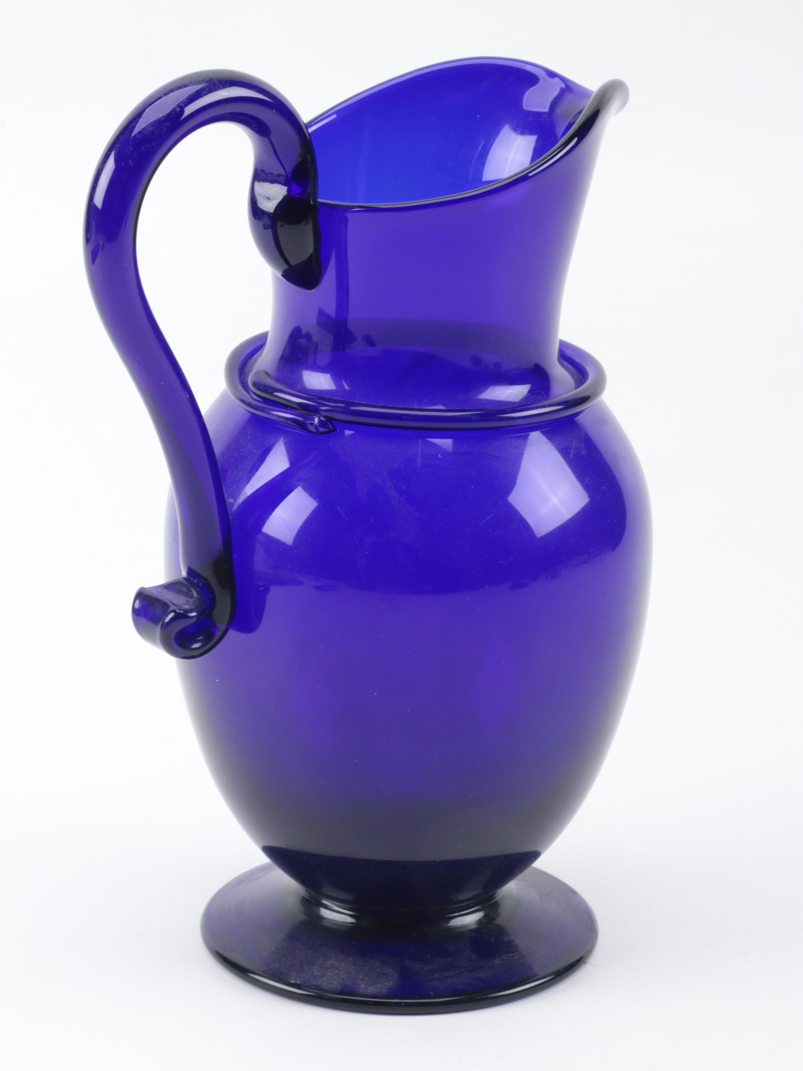 Blown Art Glass Vases and Cobalt Pitcher