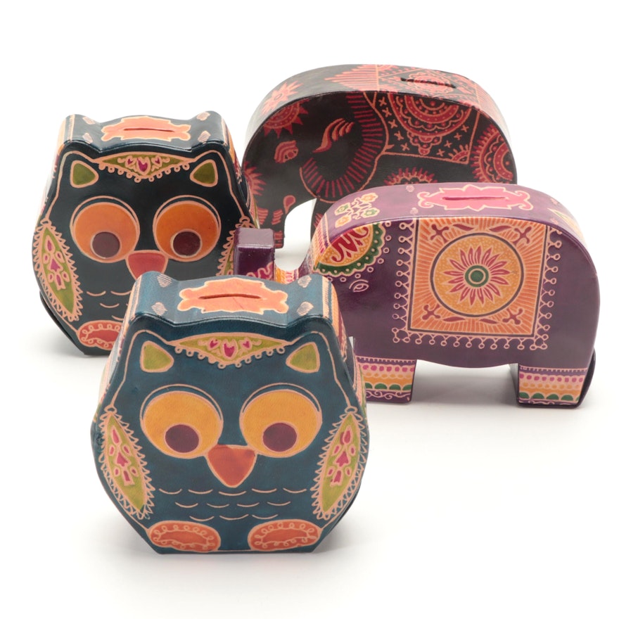Indian Embossed Leather Animal Form Coin Banks