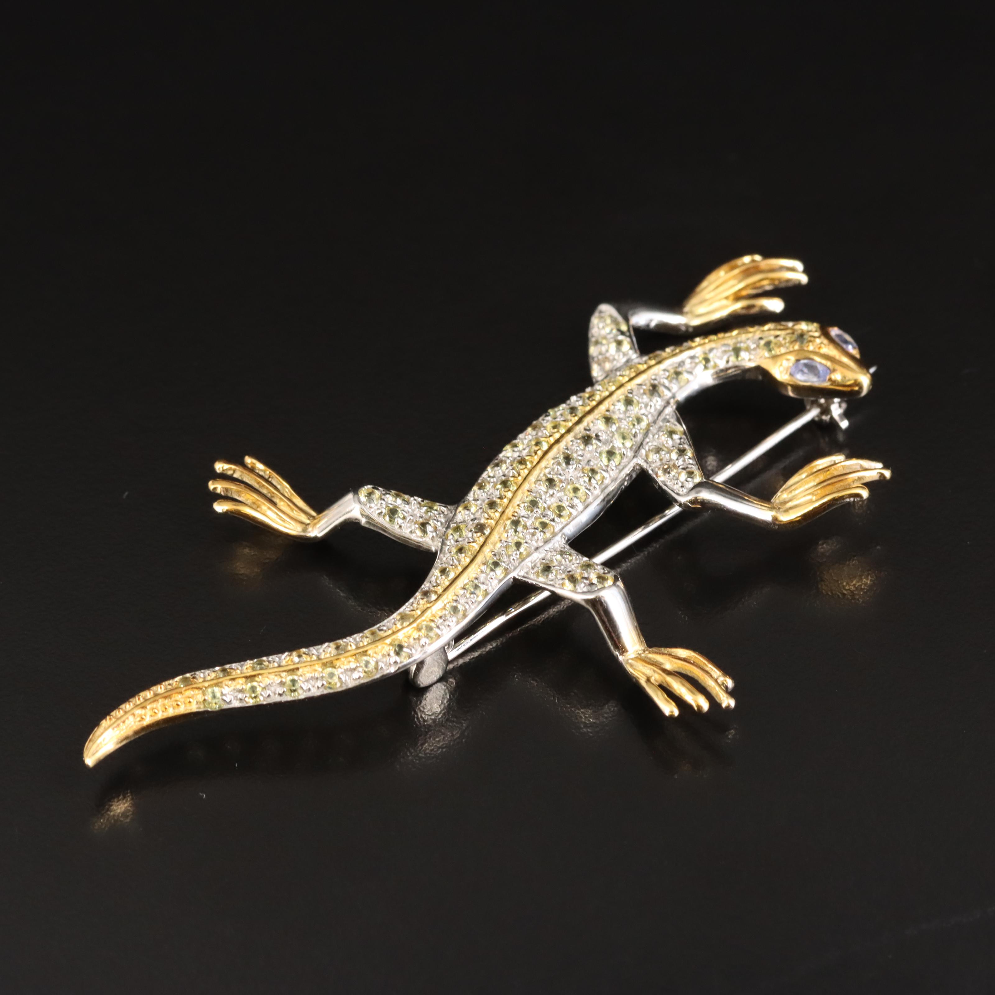 Sterling Sapphire and Tanzanite Lizard Brooch
