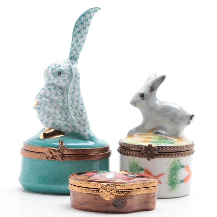 Rochard with Other Hand-Painted Porcelain Rabbit and Paint Palette Limoges Boxes