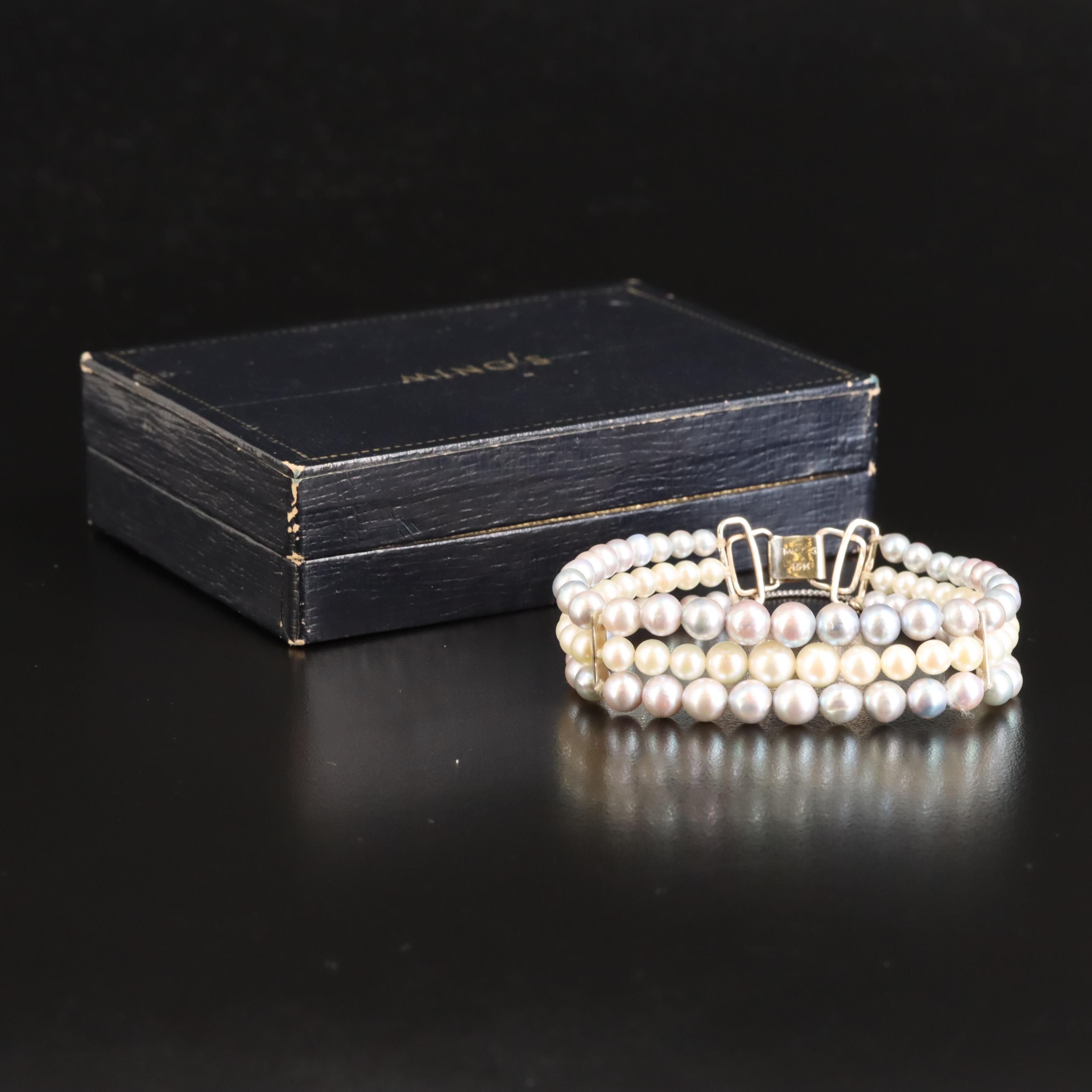 Ming's 14K Graduated Pearl Triple Strand Bracelet