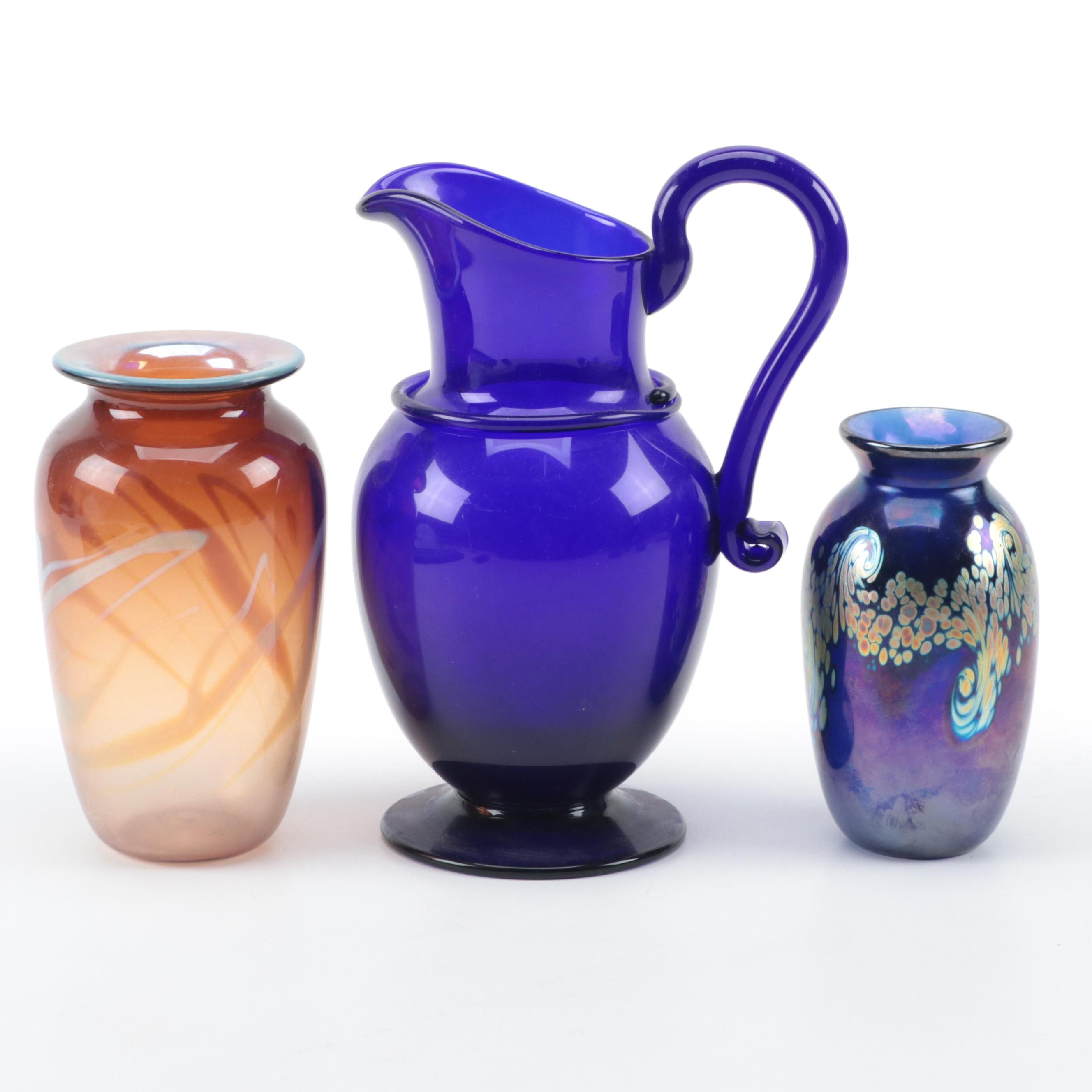 Blown Art Glass Vases and Cobalt Pitcher