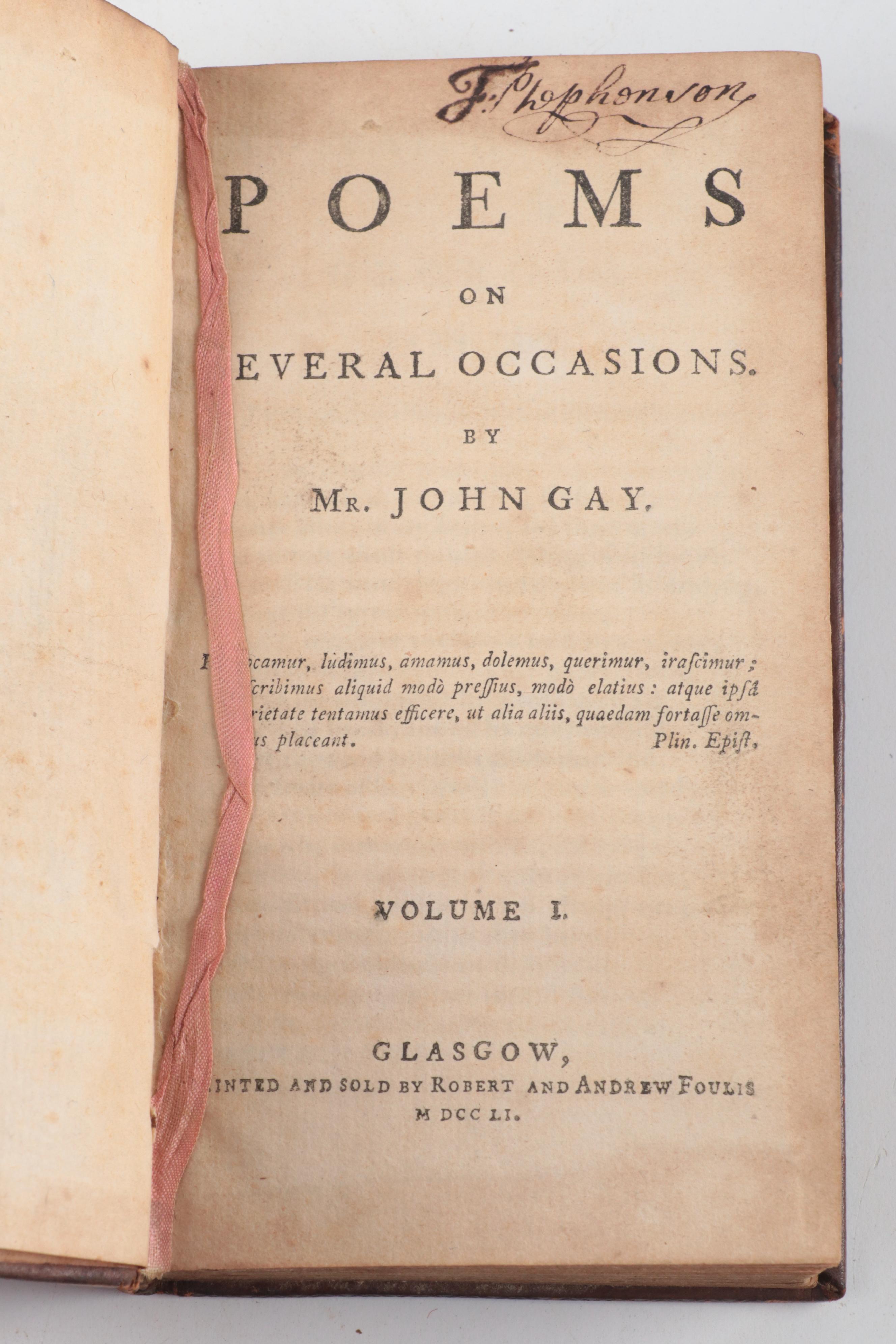 "Poems on Several Occasions" Two-Volume Set by John Gay, 1751