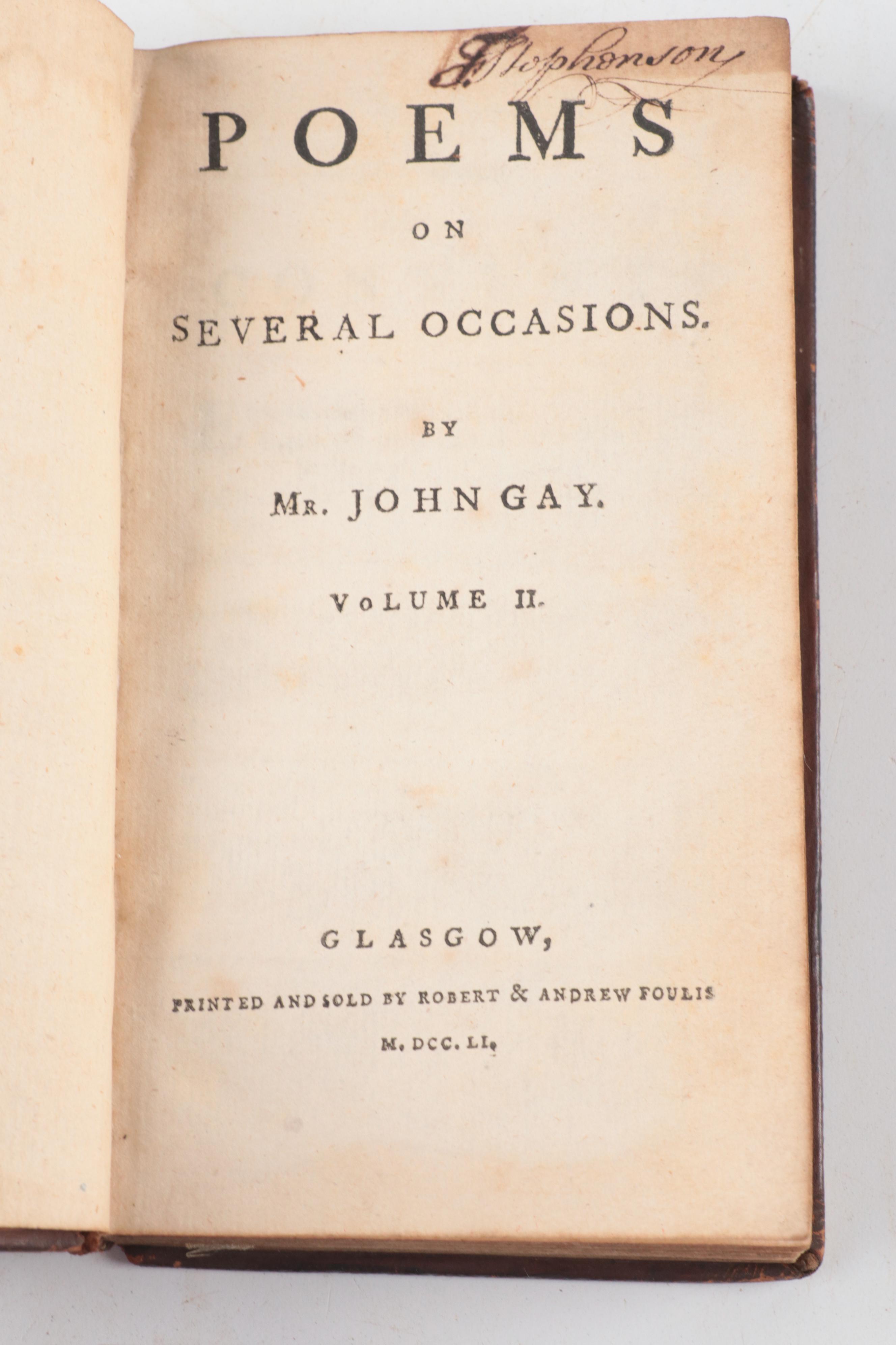 "Poems on Several Occasions" Two-Volume Set by John Gay, 1751
