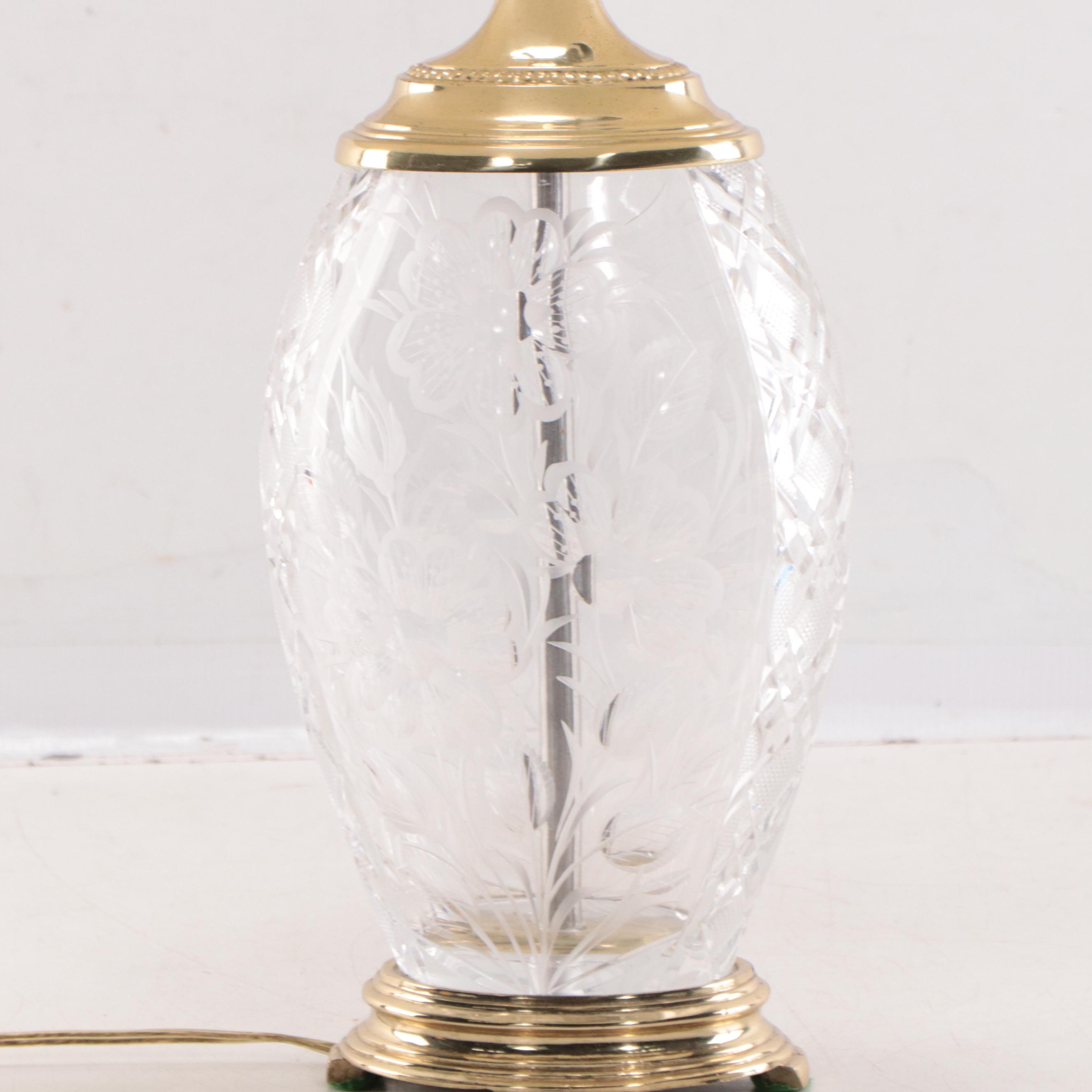 Ethan Allen Etched Glass and Brass Table Lamp, Late 20th Century