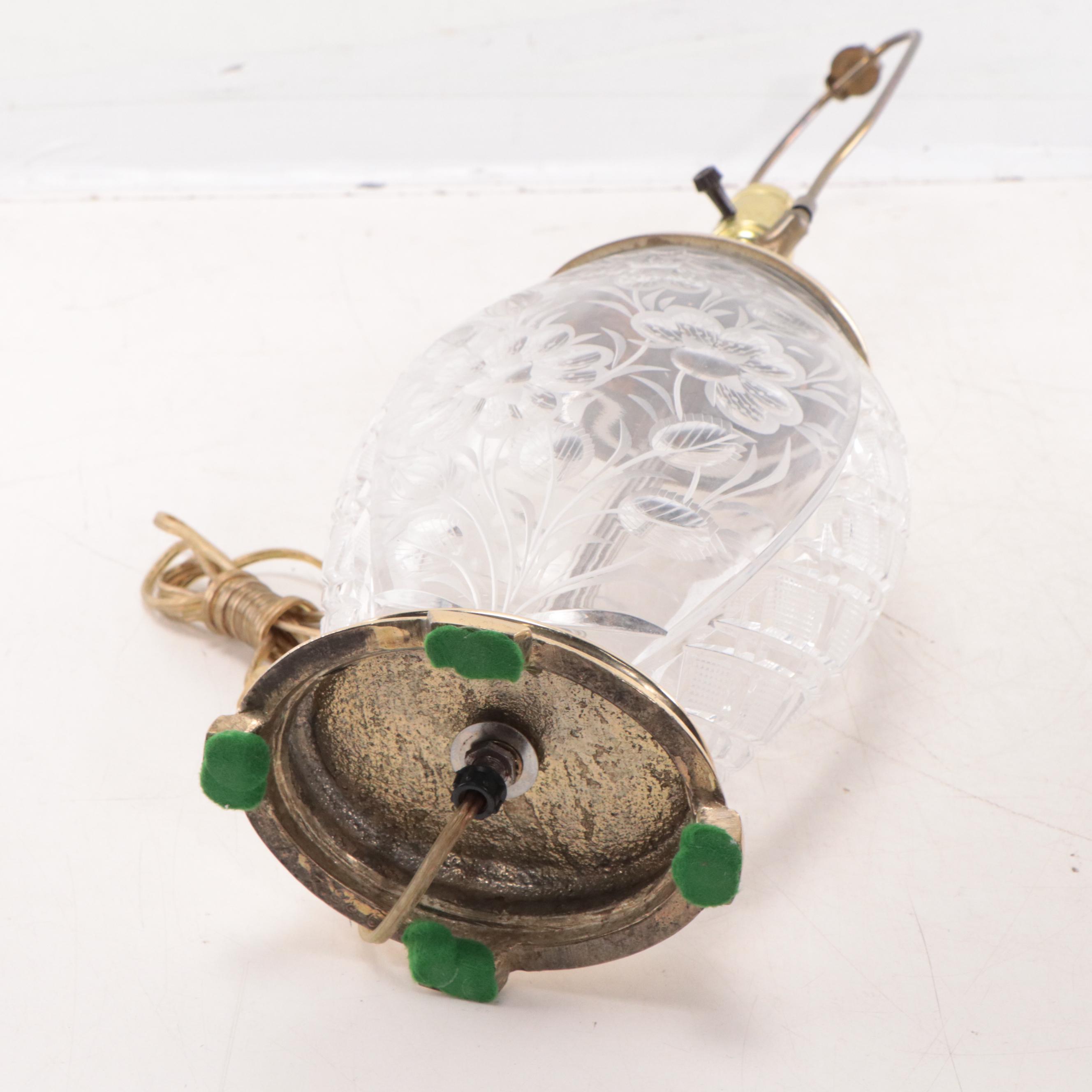 Ethan Allen Etched Glass and Brass Table Lamp, Late 20th Century